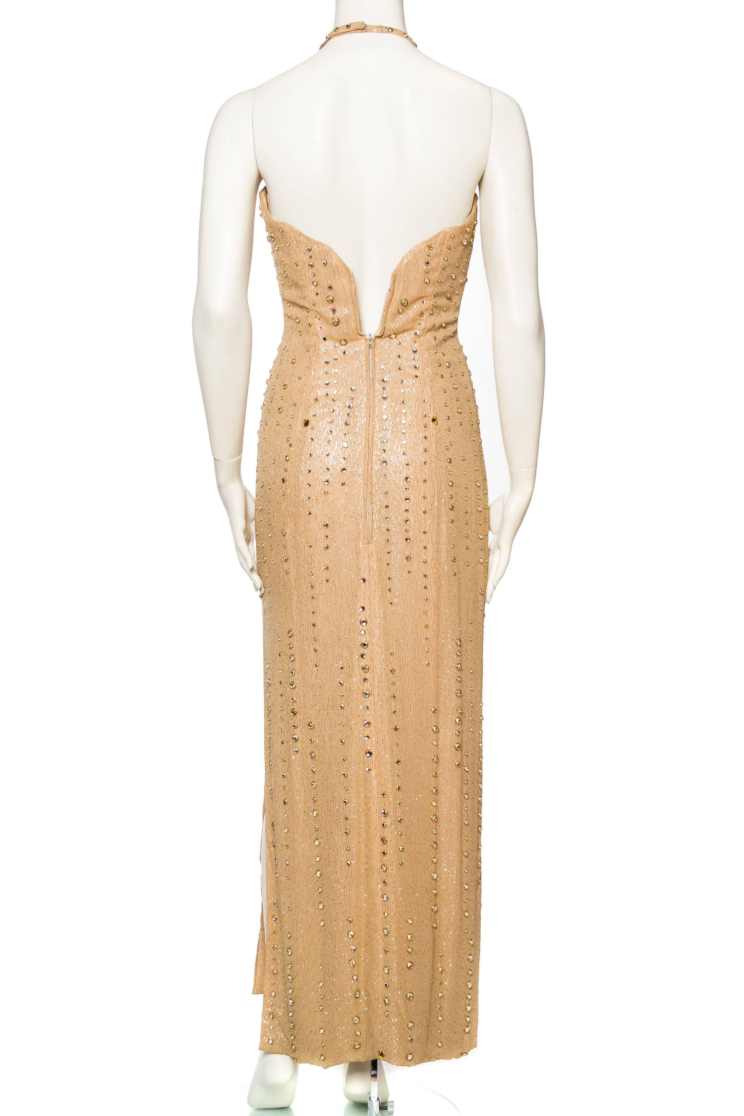 1970s Nude & Gold Halter Gown with Studs and Crystals 2