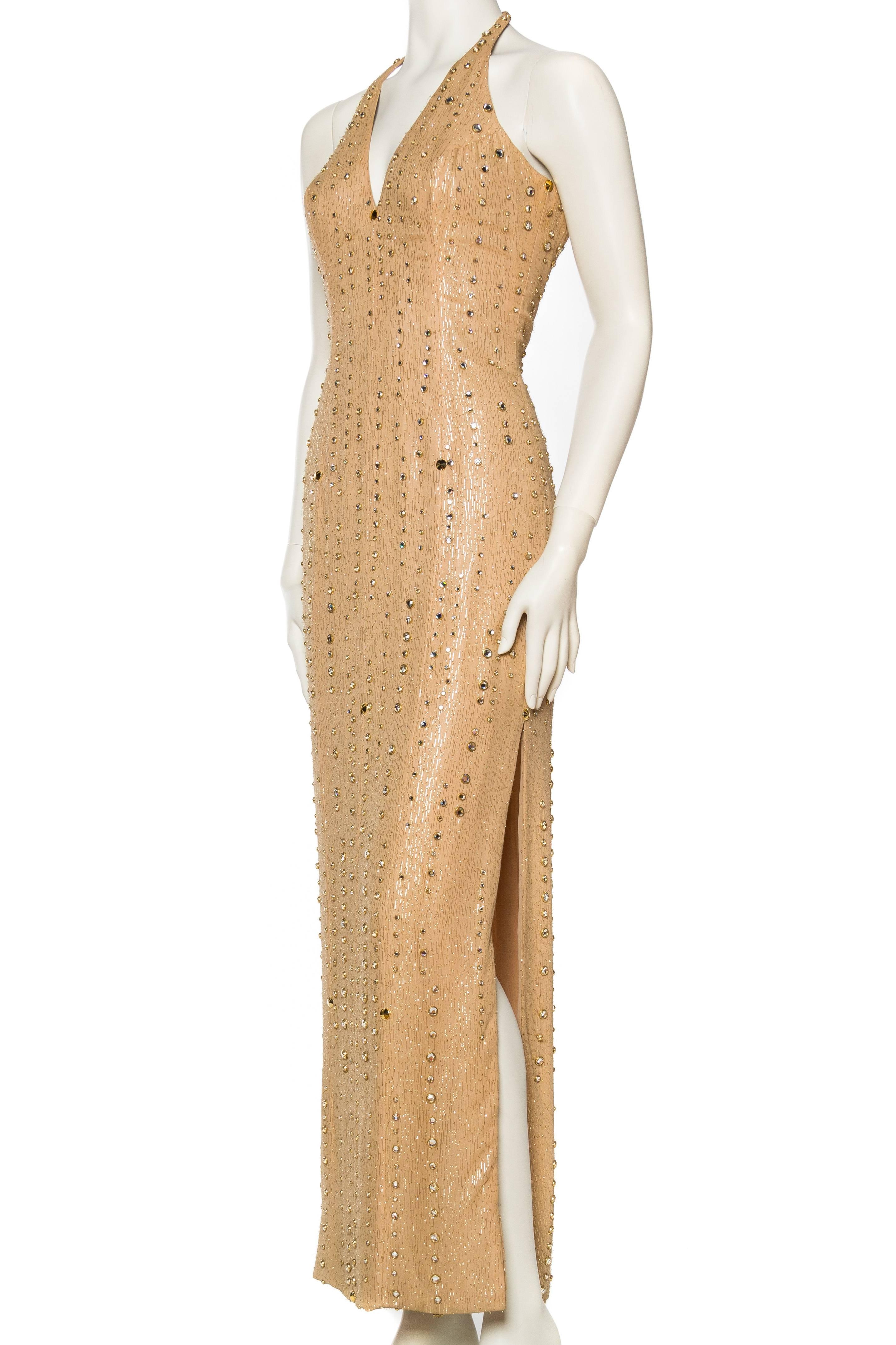 1970s Nude & Gold Halter Gown with Studs and Crystals 1