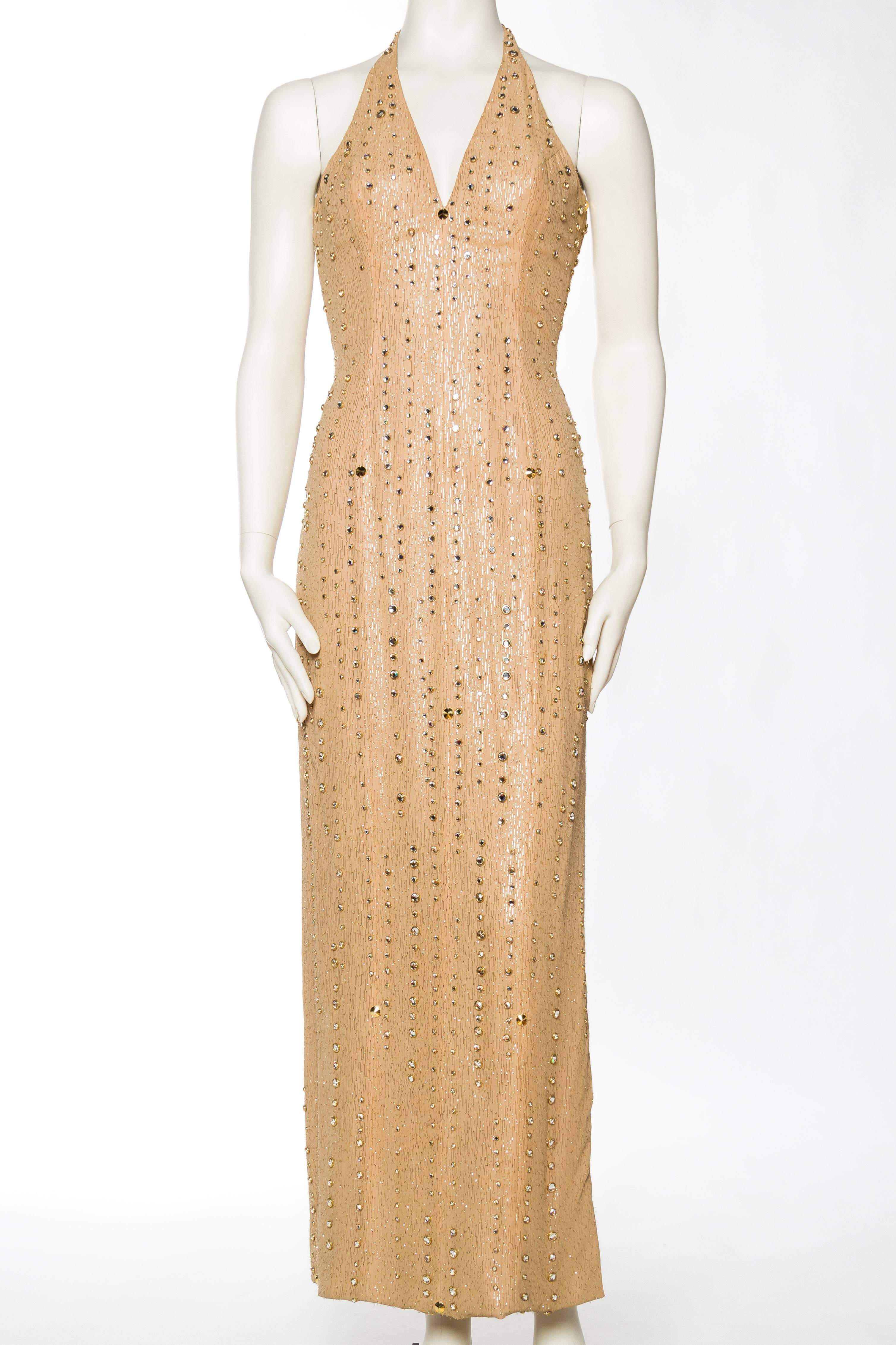 1970s Nude & Gold Halter Gown with Studs and Crystals