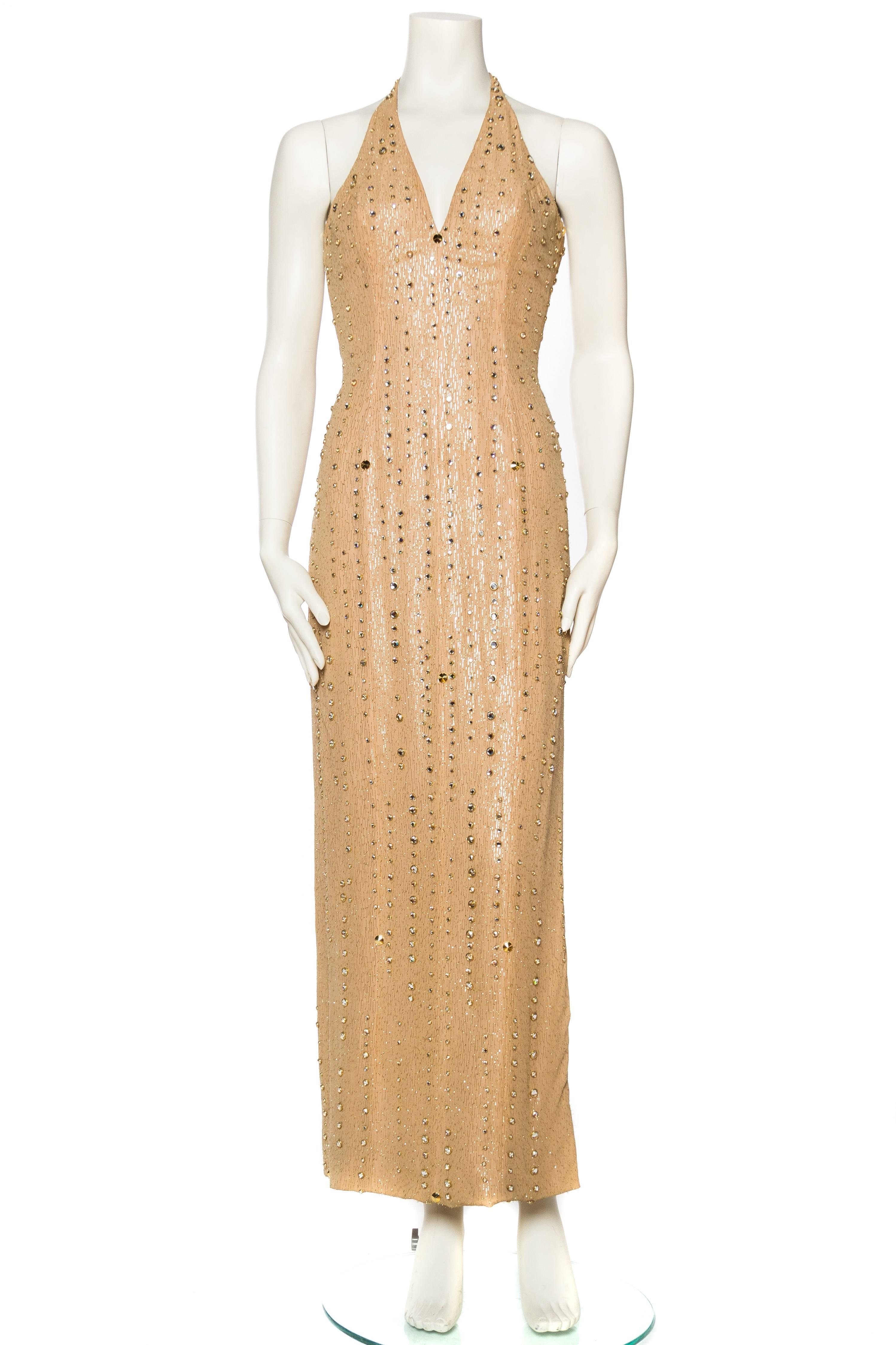 1970s Nude & Gold Halter Gown with Studs and Crystals In Excellent Condition In New York, NY