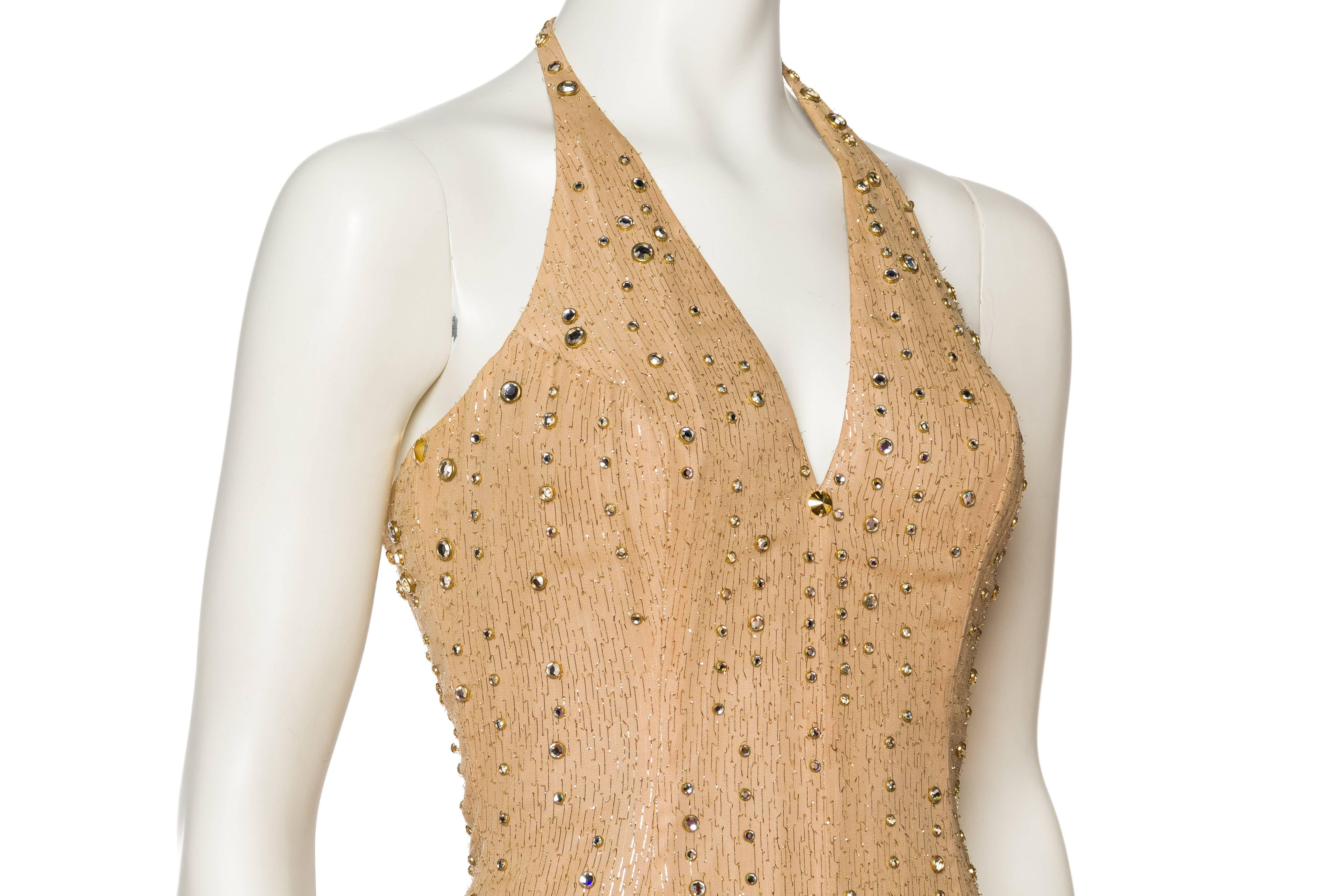 1970s Nude & Gold Halter Gown with Studs and Crystals 3