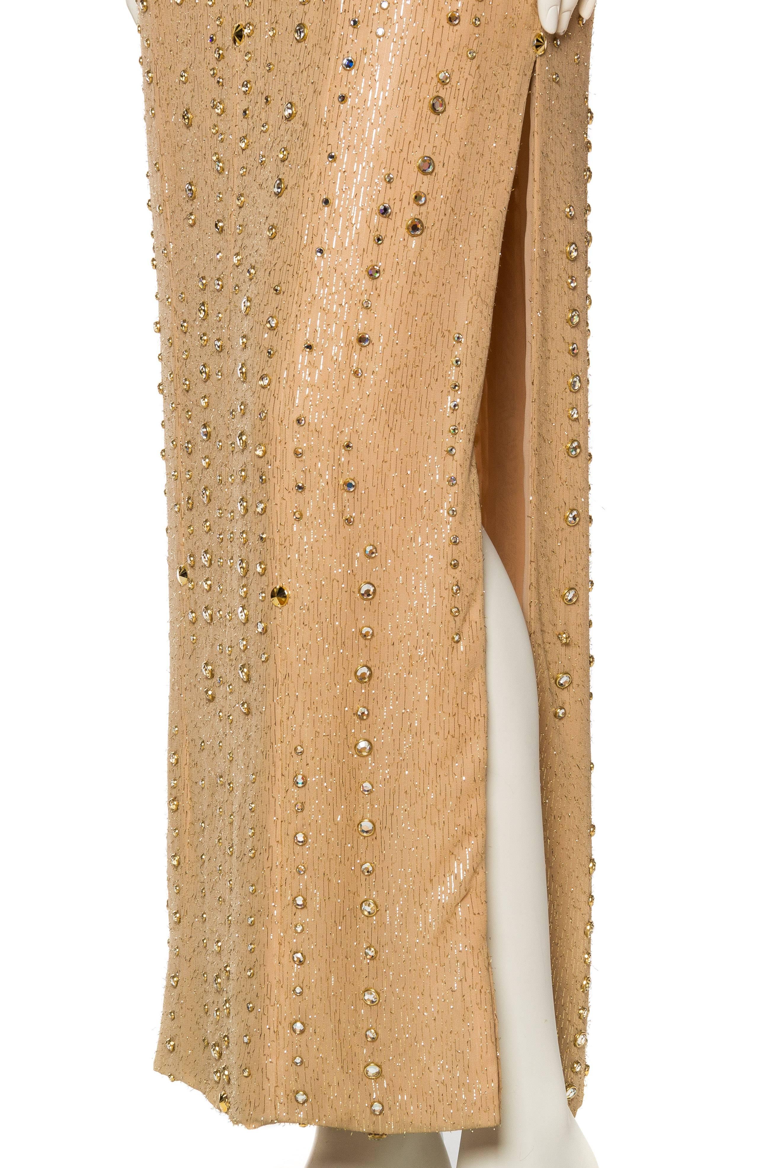 1970s Nude & Gold Halter Gown with Studs and Crystals 5