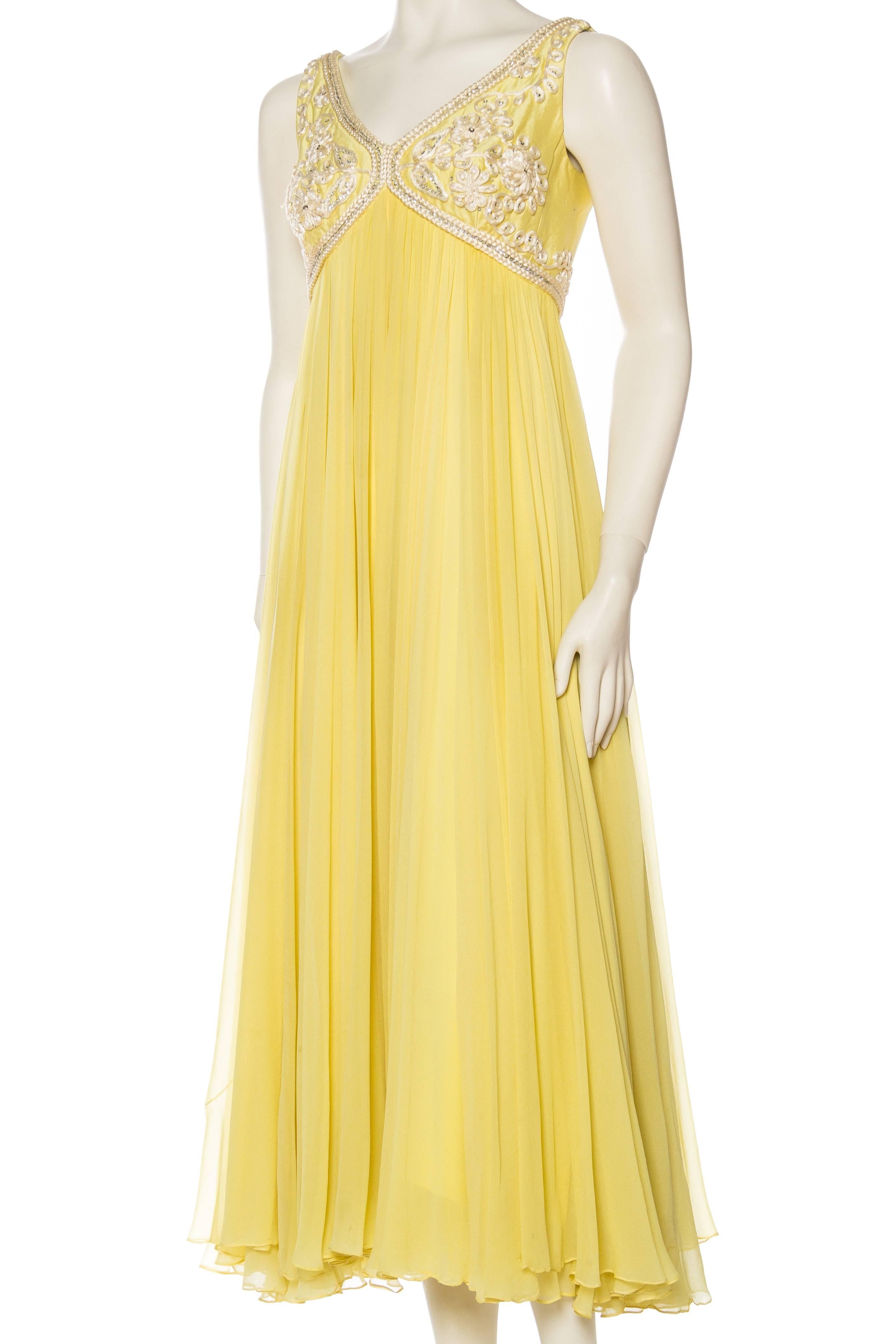Women's 1960S Lemmon Yellow Beaded Silk Chiffon Empire Waist Gown With Matching Cropped For Sale