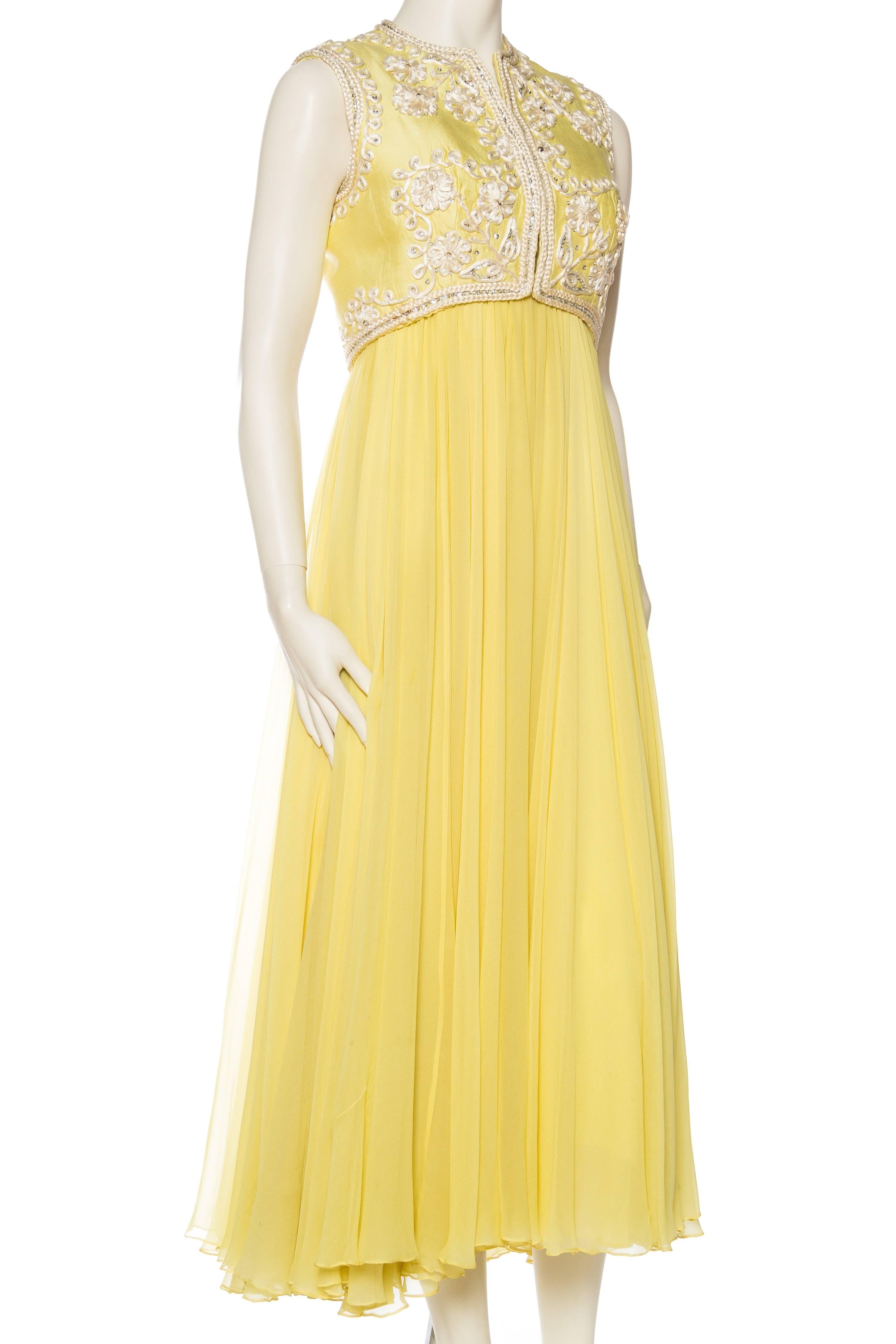 1960S Lemmon Yellow Beaded Silk Chiffon Empire Waist Gown With Matching Cropped In Excellent Condition In New York, NY