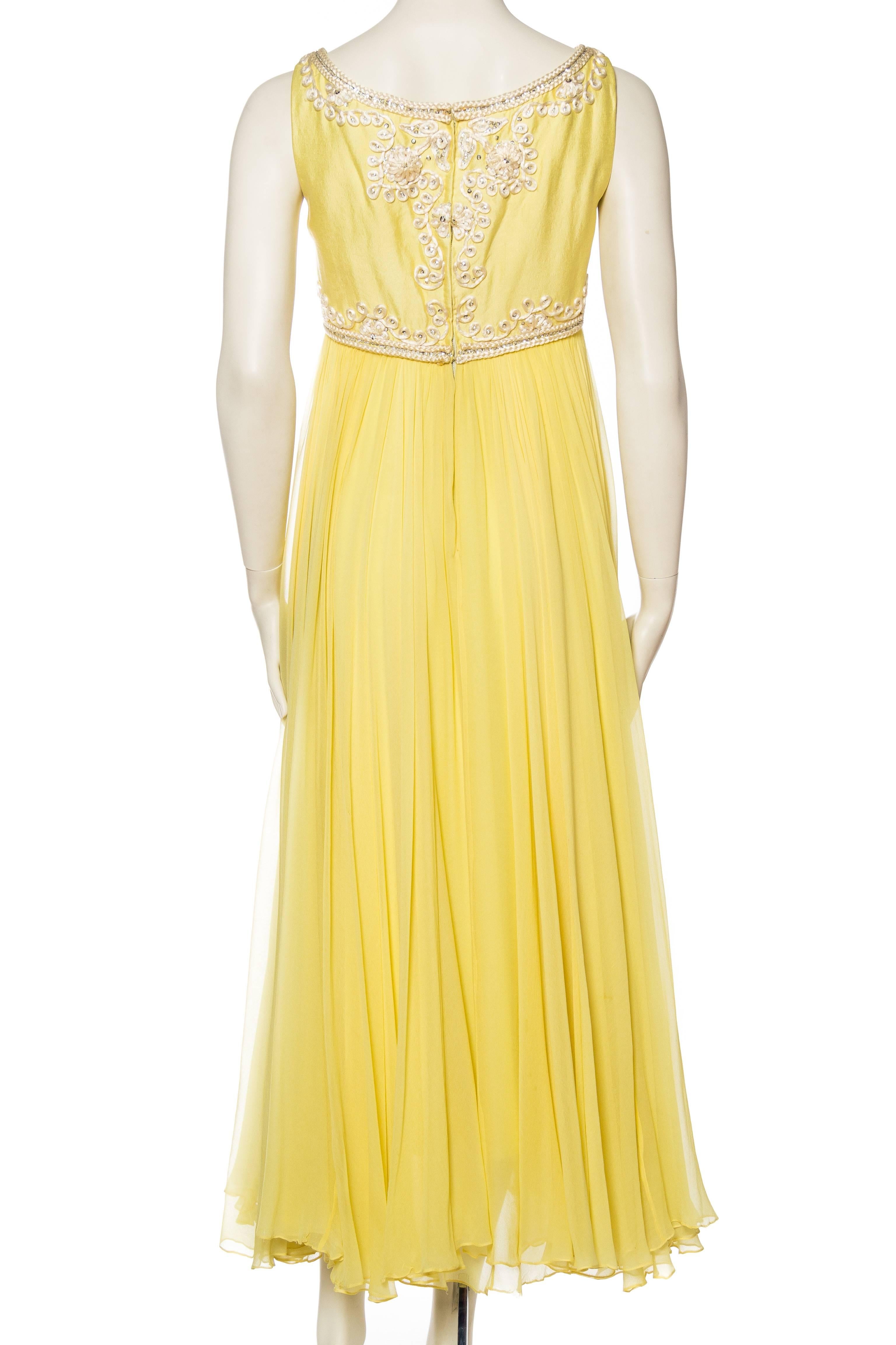 1960S Lemmon Yellow Beaded Silk Chiffon Empire Waist Gown With Matching Cropped 2