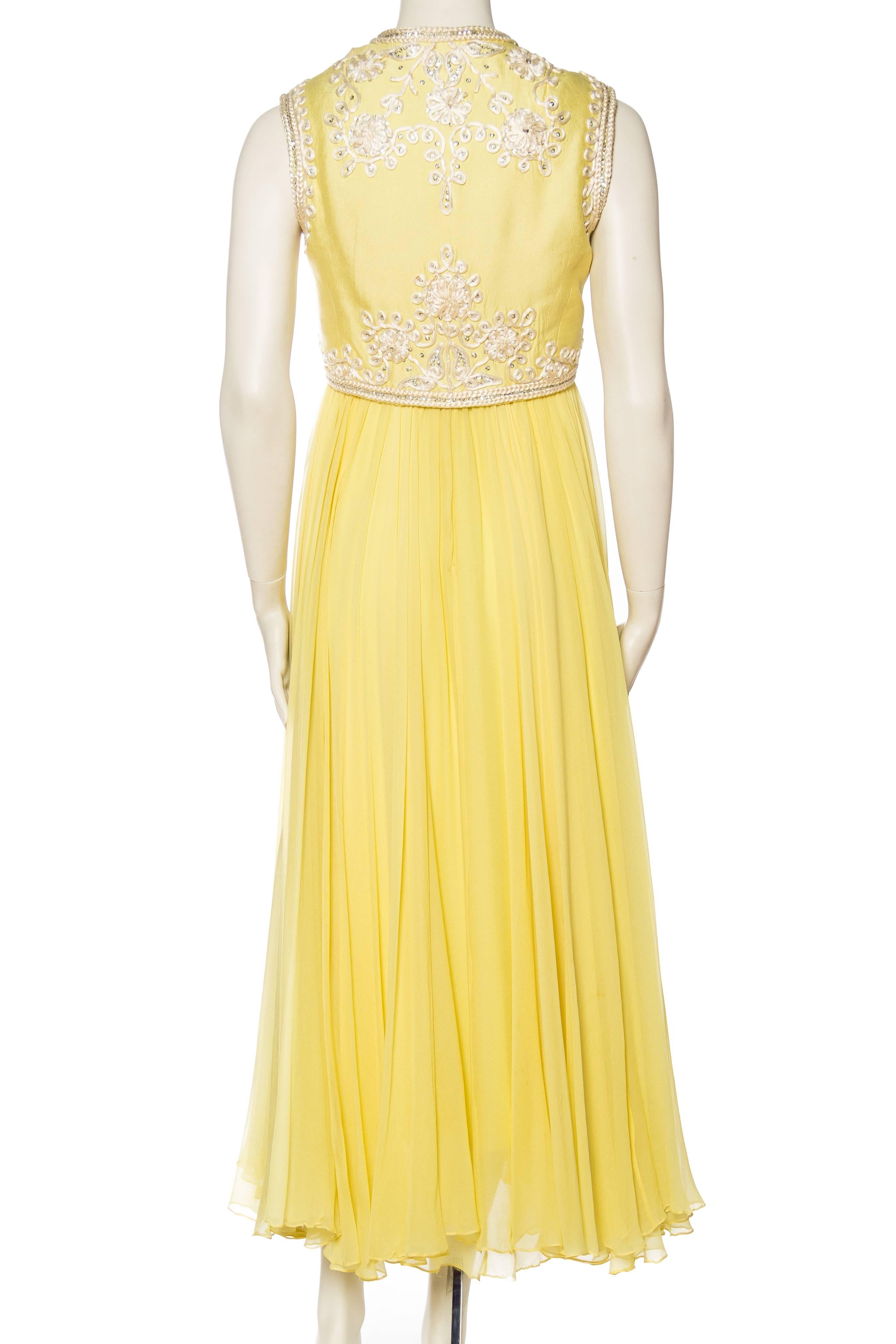 1960S Lemmon Yellow Beaded Silk Chiffon Empire Waist Gown With Matching Cropped For Sale 1