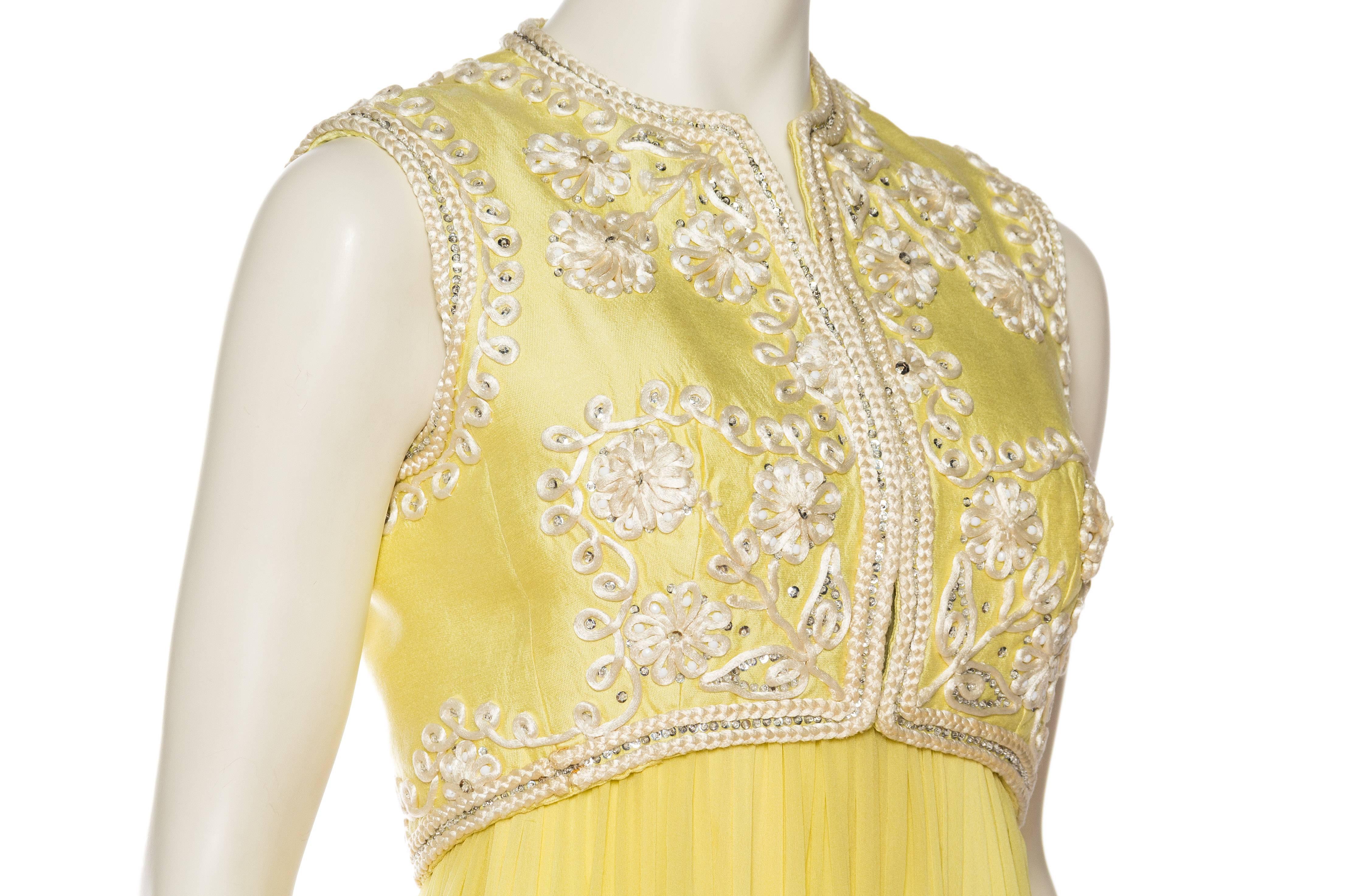 1960S Lemmon Yellow Beaded Silk Chiffon Empire Waist Gown With Matching Cropped 3