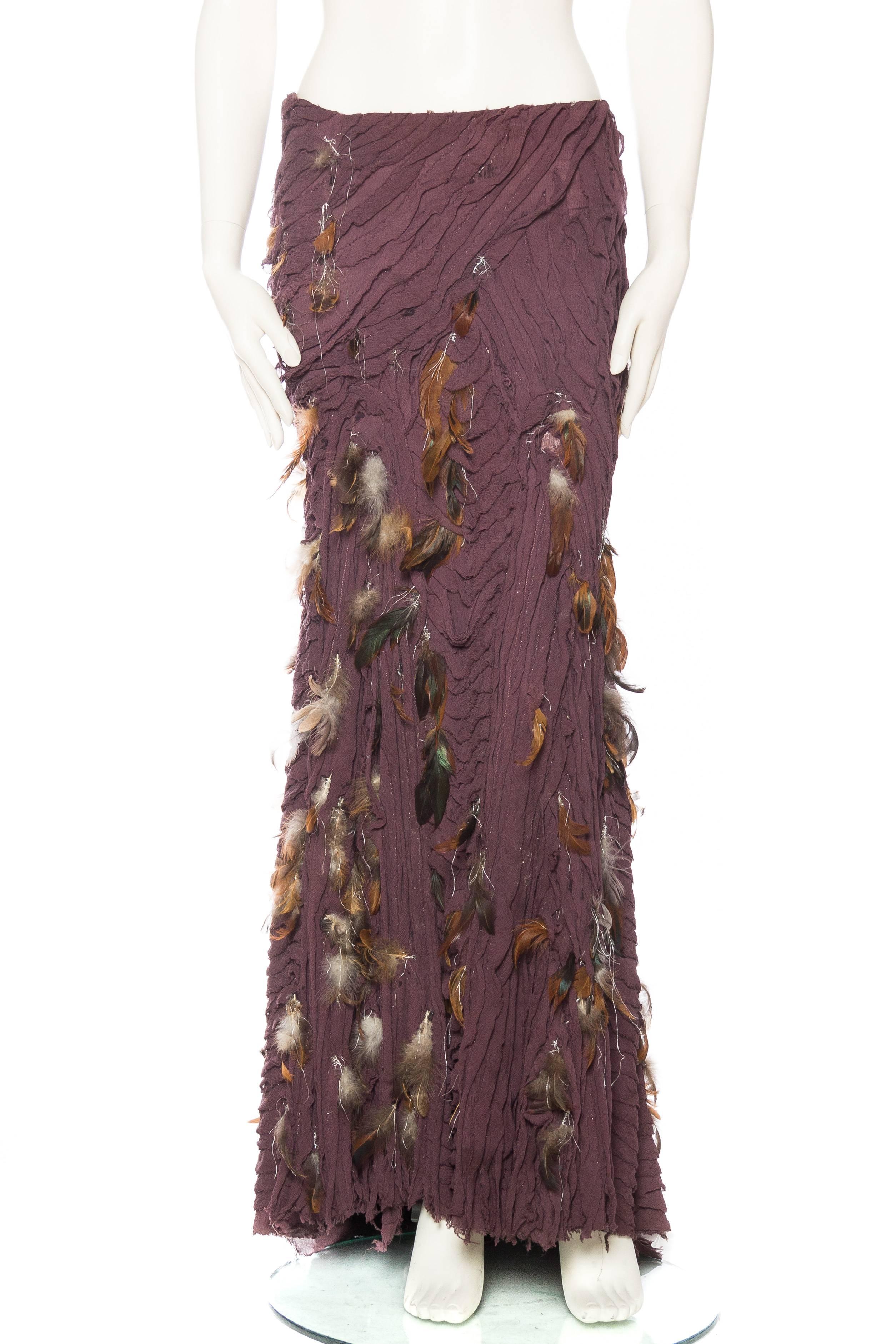 2000S NAEEM KHAN Eggplant Purple Silk Crinkle Chiffon Bias Strip Maxi Skirt Adorned With Pheasant Feathers & Silver Metallic Thread