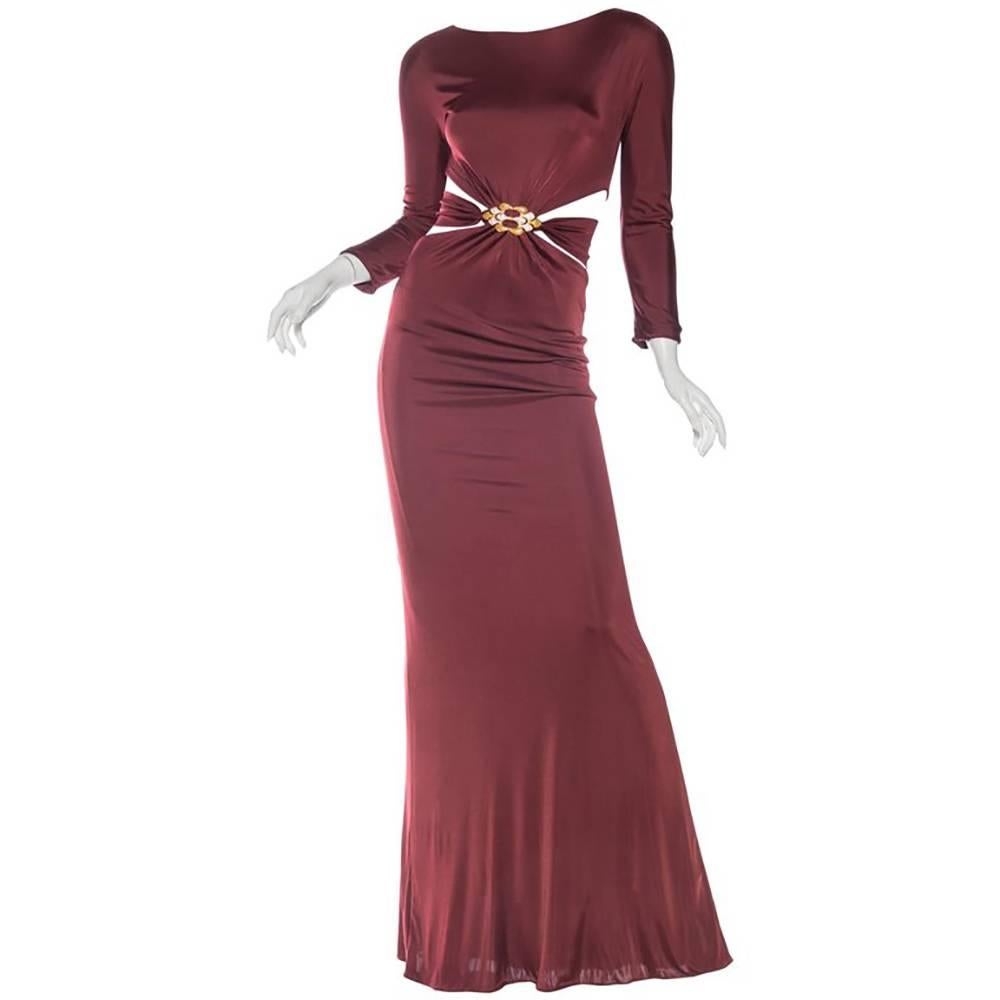 2000S ROBERTO CAVALLI Burgundy Rayon Jersey Long Sleeve Side Cut-Out Gown With 