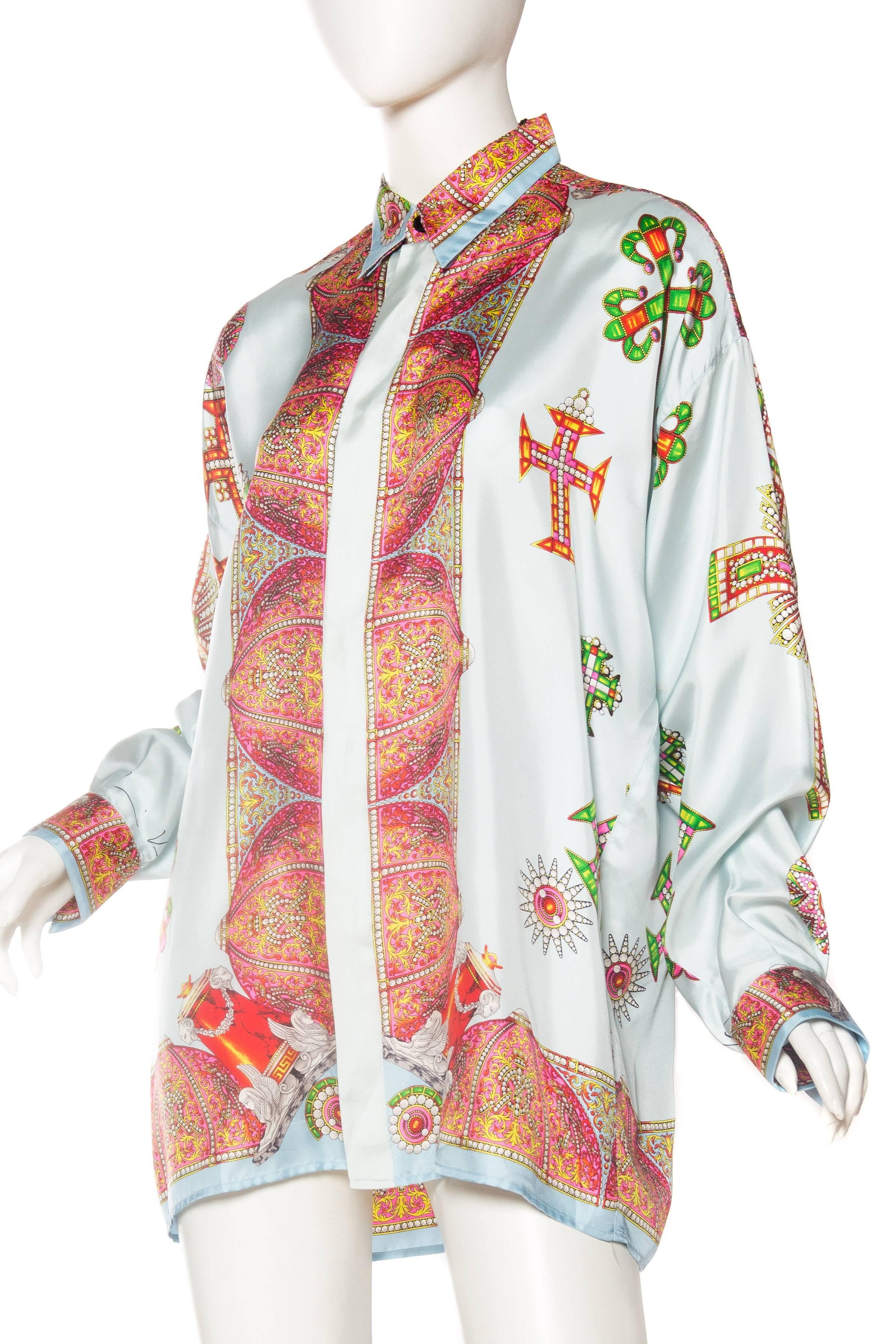 1990s Gianni Versace Baroque Crystal Cross Silk Shirt 1