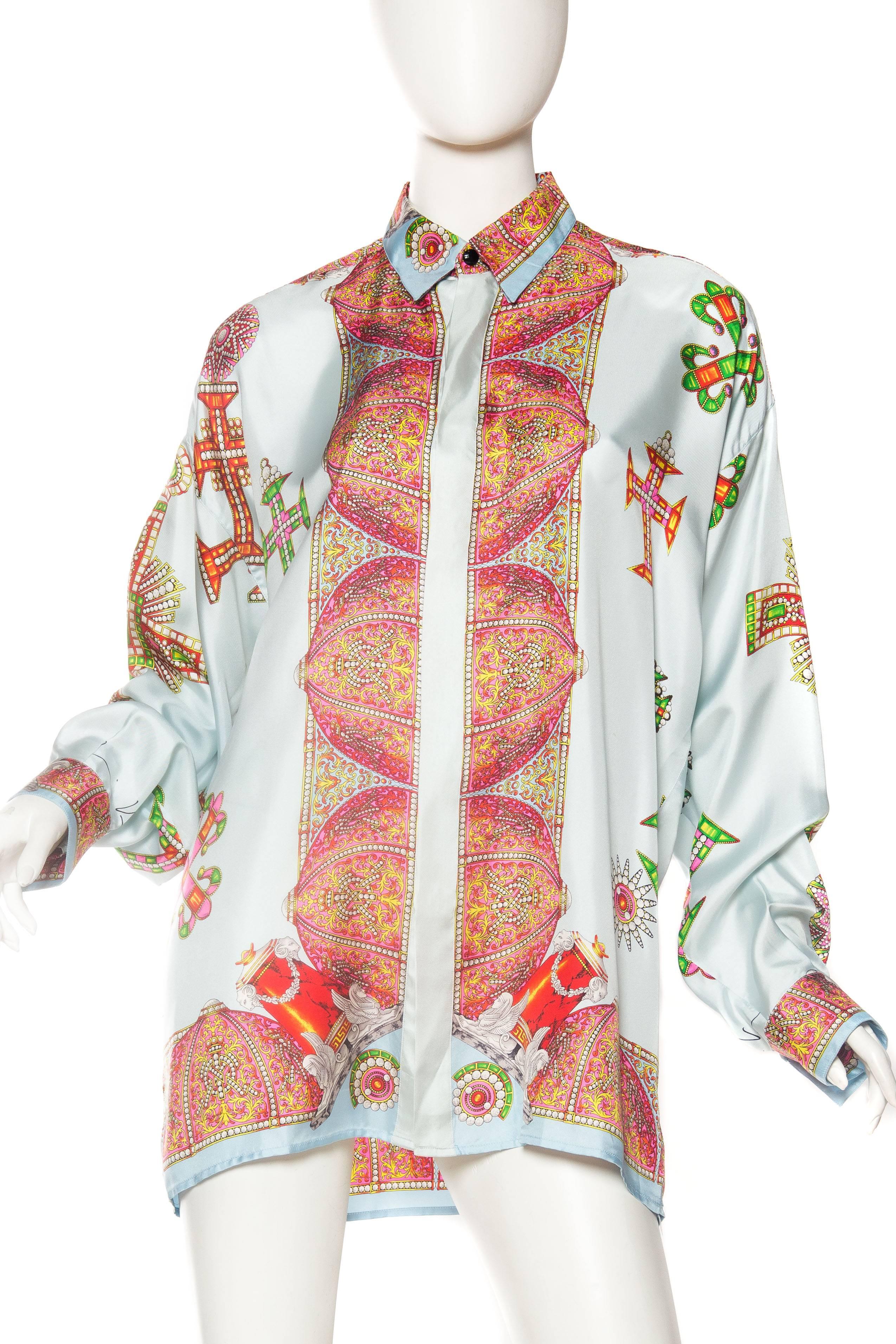 1990s Gianni Versace Baroque Crystal Cross Silk Shirt In Excellent Condition In New York, NY