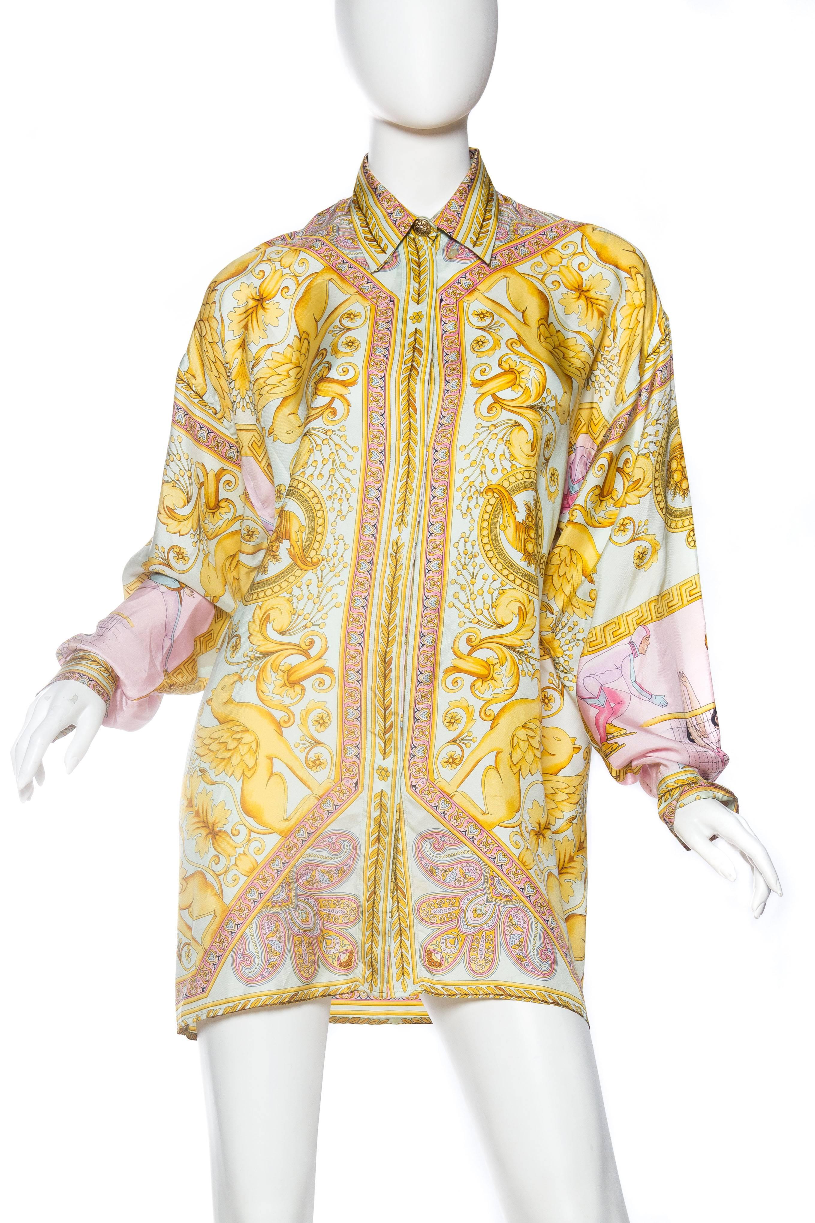 Women's or Men's 1990s Gianni Versace Gold Baroque Print Blouse