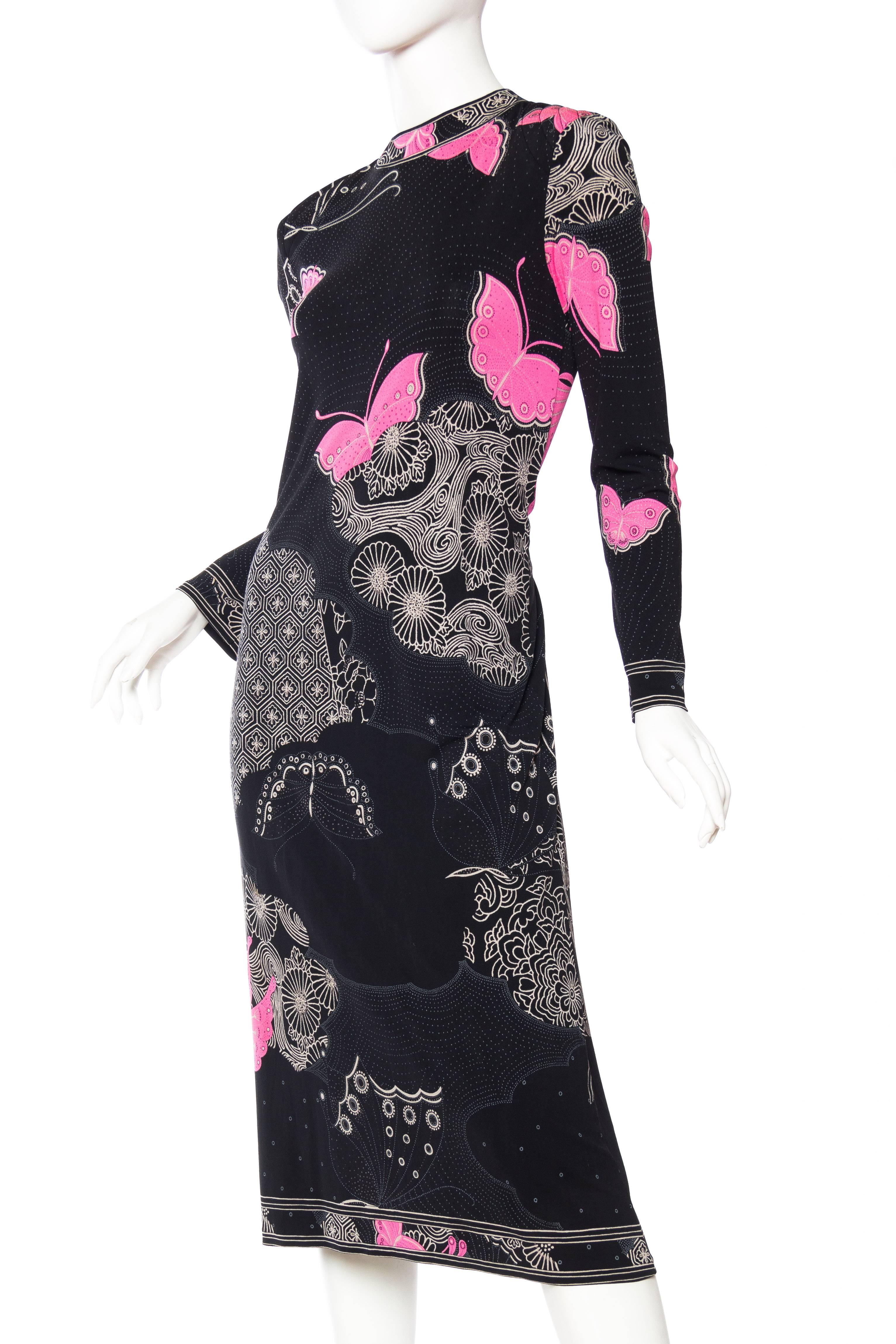 1970S LEONARD Black & Pink Silk Jersey Asian Inspired Butterfly Print Dress 2