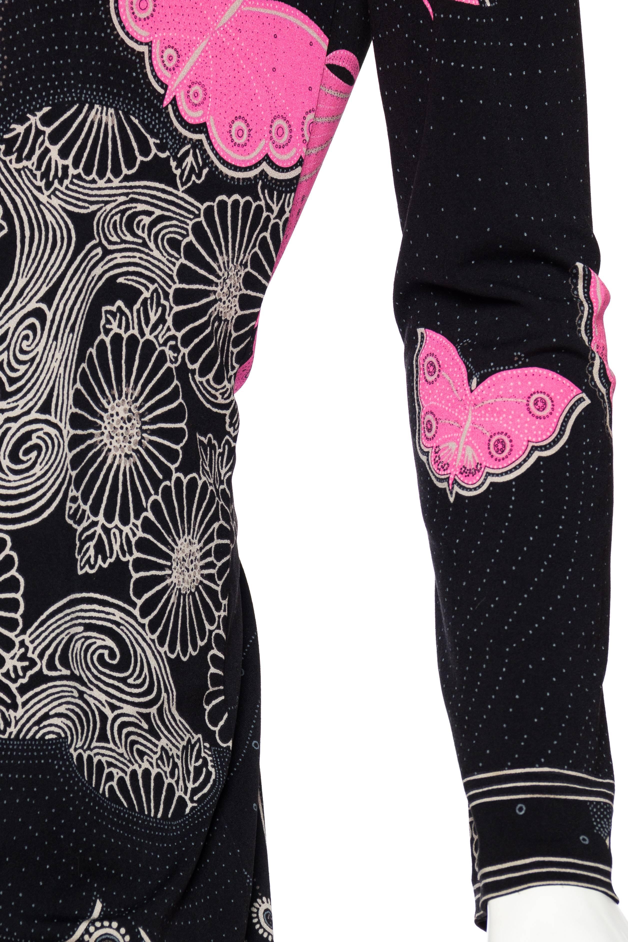 1970S LEONARD Black & Pink Silk Jersey Asian Inspired Butterfly Print Dress 5