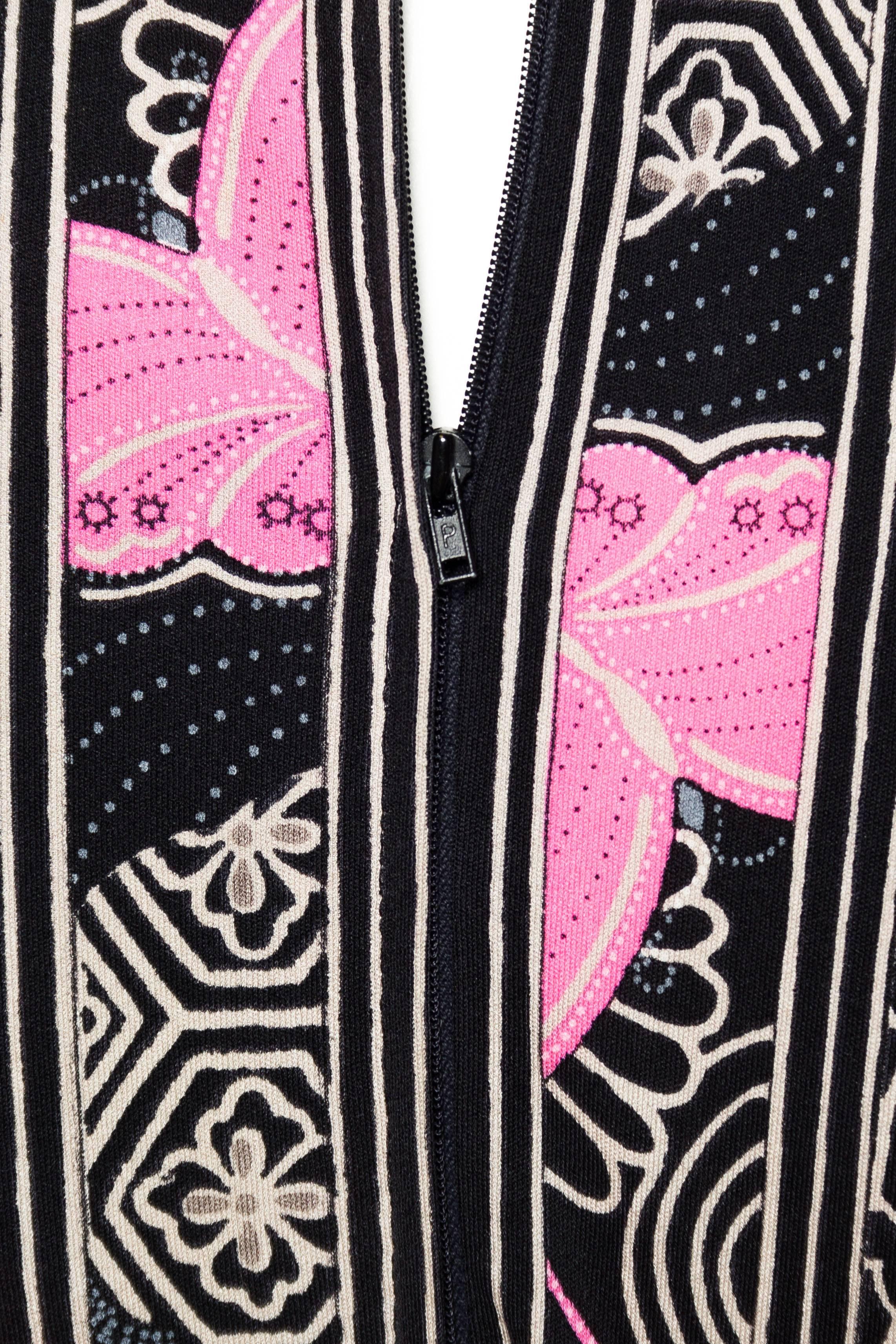1970S LEONARD Black & Pink Silk Jersey Asian Inspired Butterfly Print Dress 7