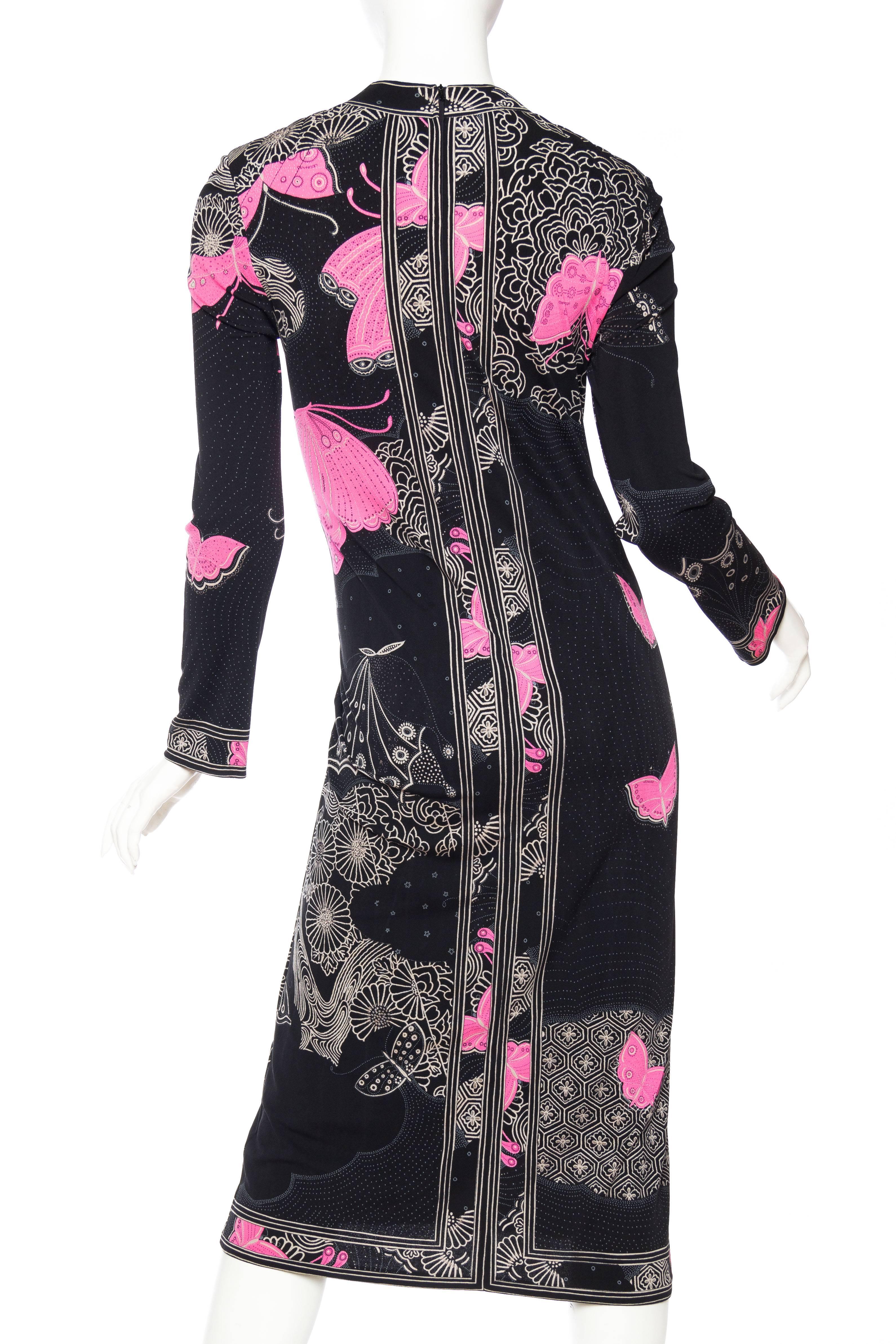 1970S LEONARD Black & Pink Silk Jersey Asian Inspired Butterfly Print Dress 3