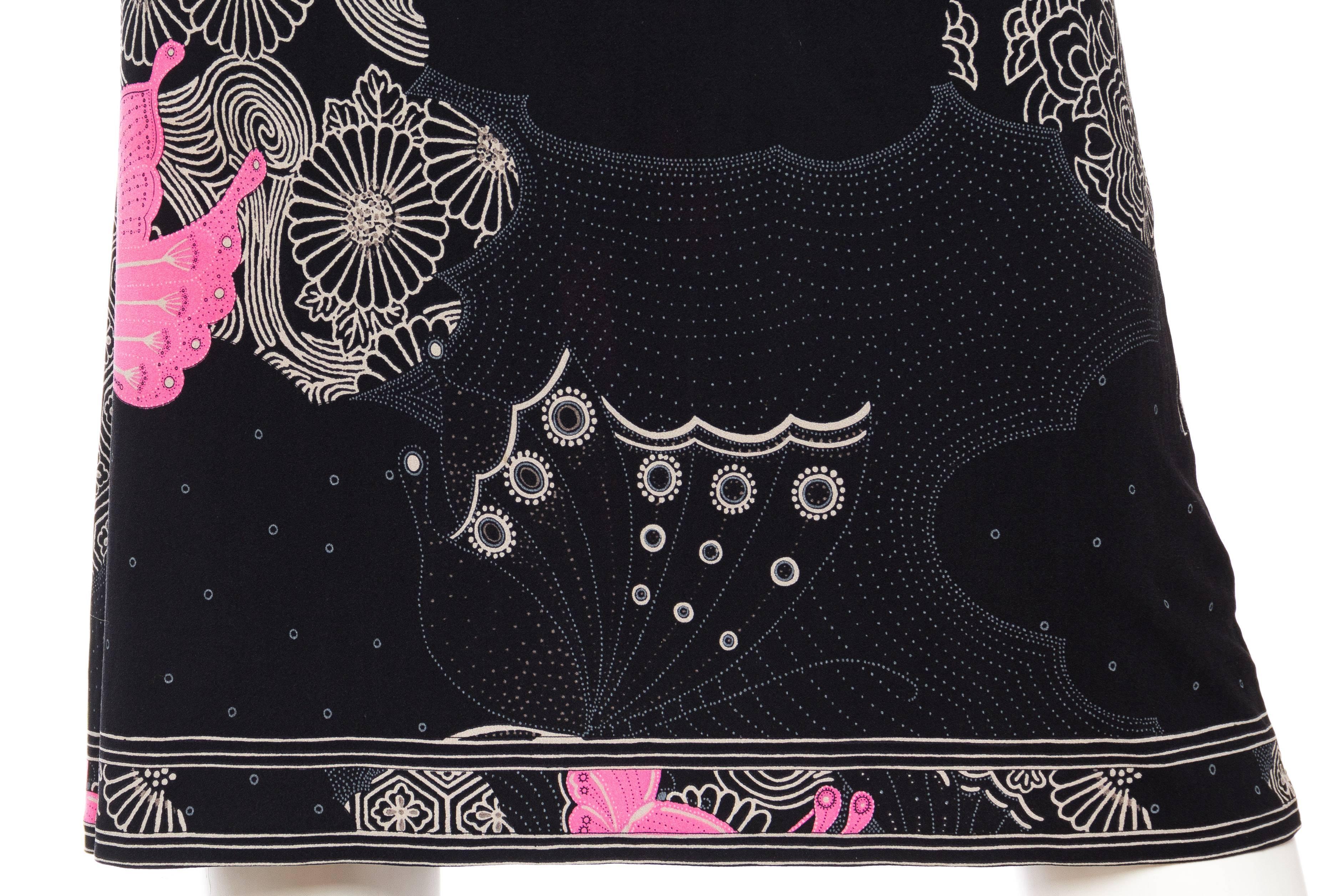 1970S LEONARD Black & Pink Silk Jersey Asian Inspired Butterfly Print Dress 6