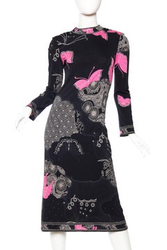 1970er LEONARD Schwarz & Rosa Seidenjersey Asiatisch Inspiriert Schmetterlingsdruck Kleid