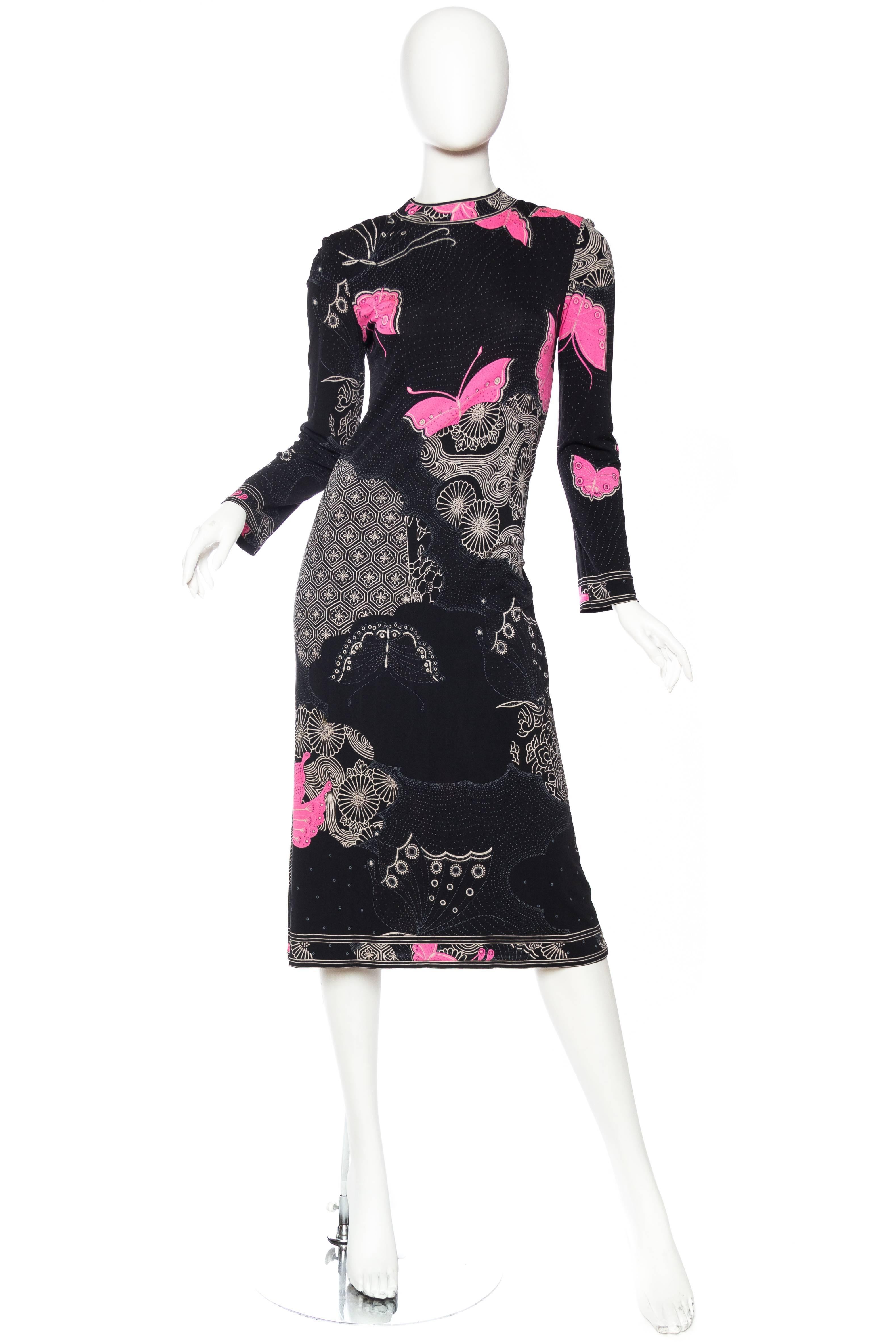 Women's 1970S LEONARD Black & Pink Silk Jersey Asian Inspired Butterfly Print Dress