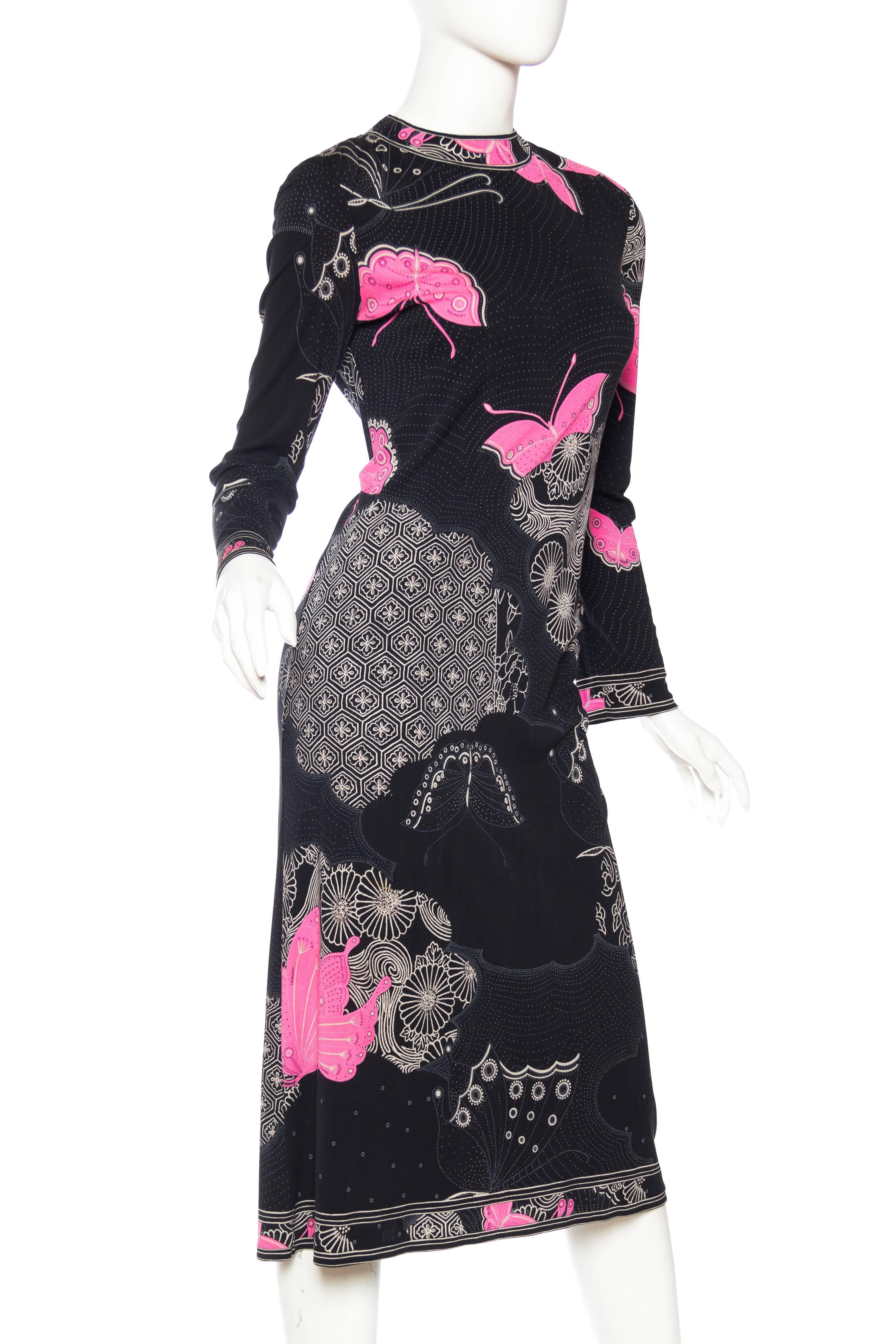 1970S LEONARD Black & Pink Silk Jersey Asian Inspired Butterfly Print Dress 1