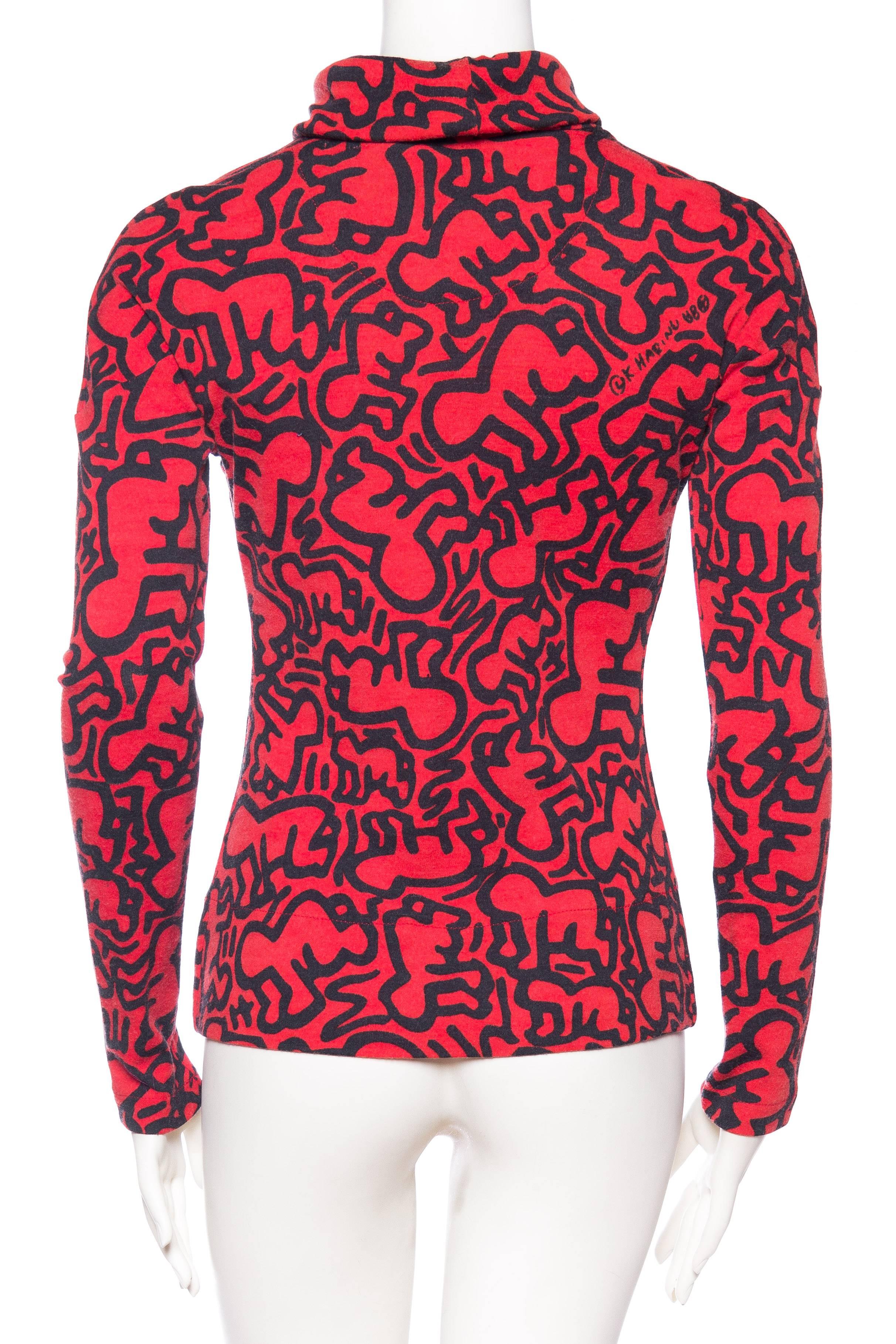 1980S JEAN CHARLES DE CASTELBAJAC Red & Black Wool Knit Keith Hering Baby Print In Excellent Condition In New York, NY