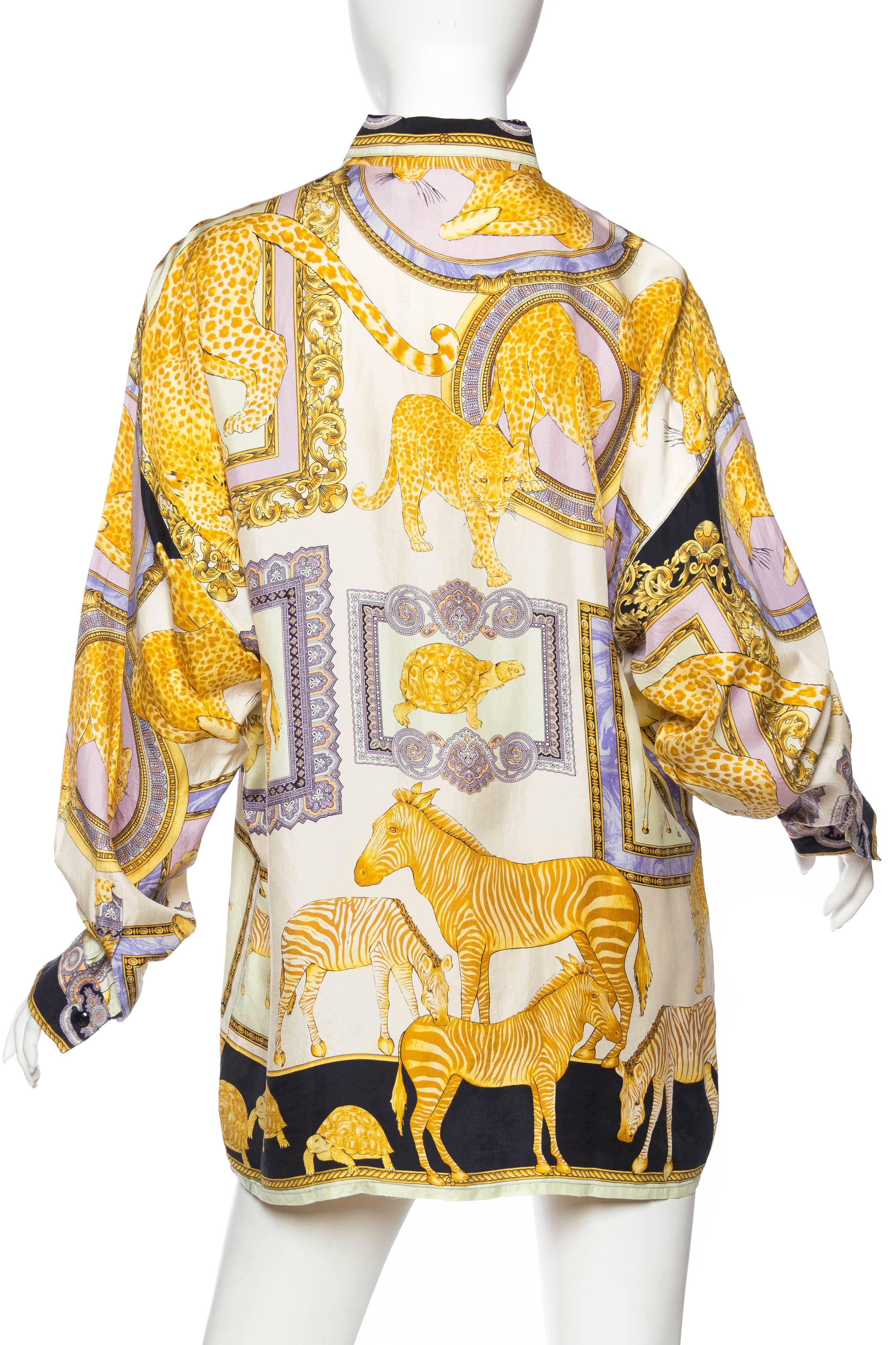 Beige 1990s Gianni Versace Baroque and Leopard Safari Silk Shirt