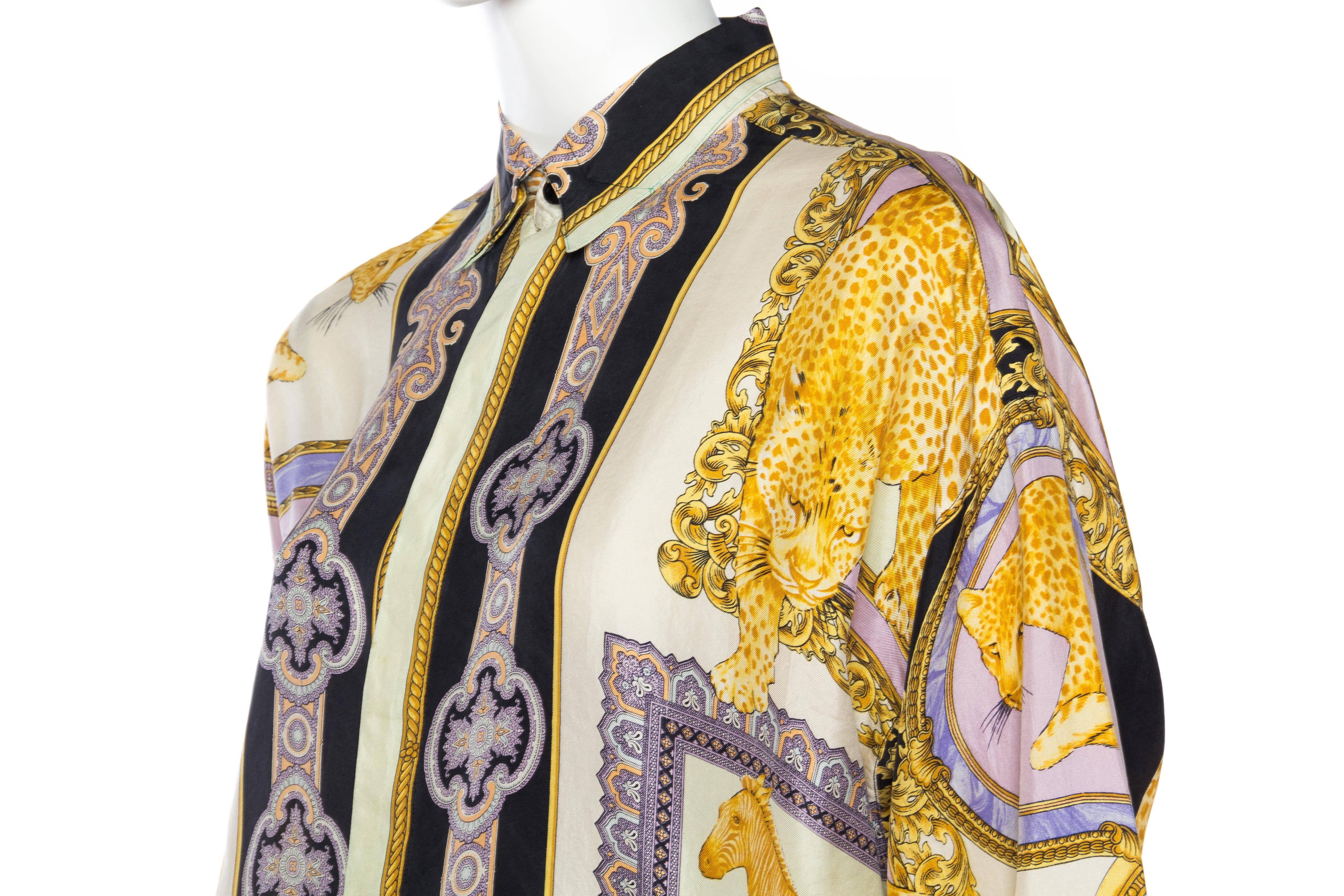 1990s Gianni Versace Baroque and Leopard Safari Silk Shirt In Excellent Condition In New York, NY