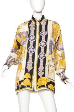 1990s Gianni Versace Baroque and Leopard Safari Silk Shirt