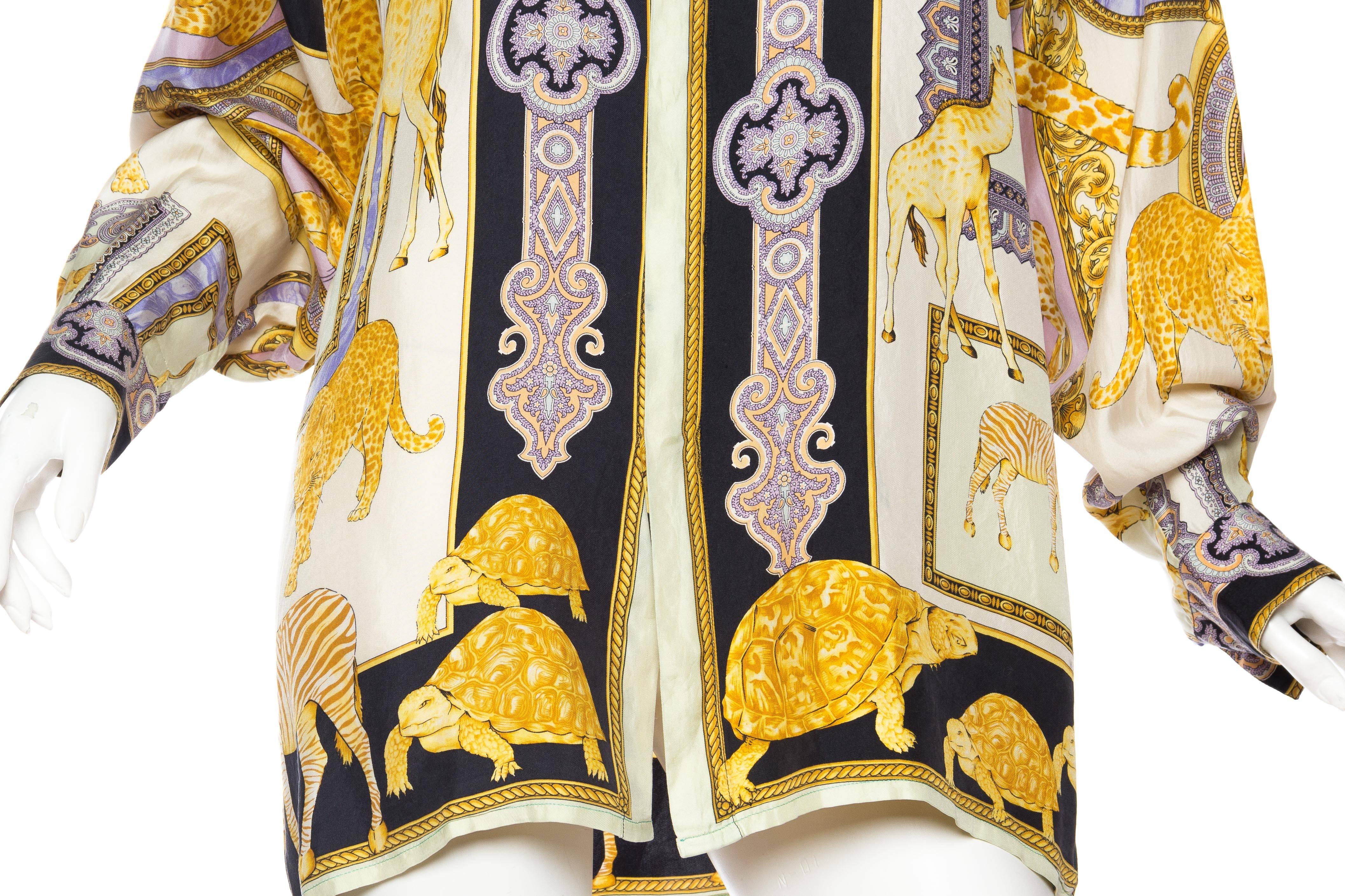 Women's or Men's 1990s Gianni Versace Baroque and Leopard Safari Silk Shirt