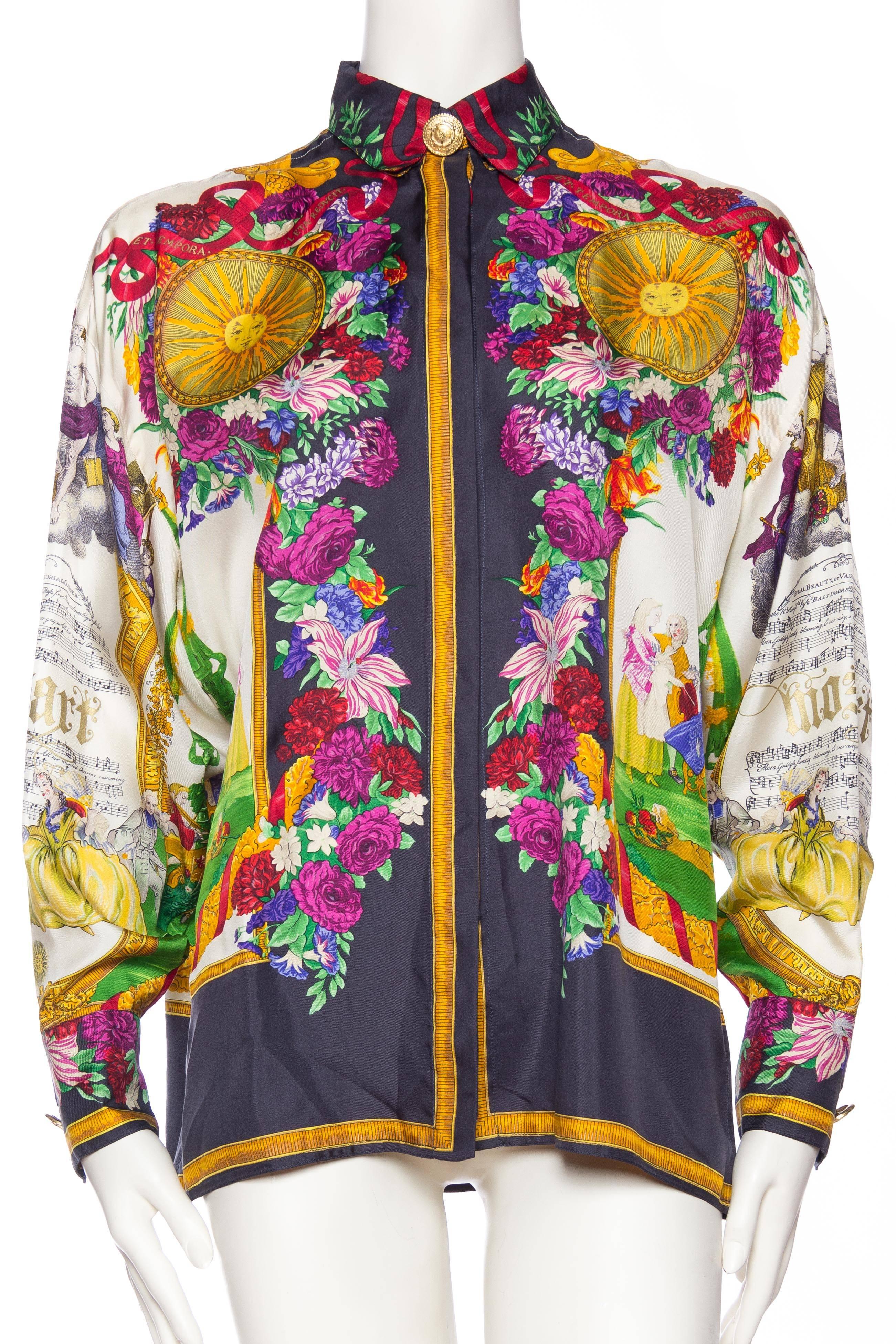 This rare and fantastical blouse has been painstakingly printed by hand. Numerous colours are additionally accented with gold metallic, adding a literal gilt to this beautiful lilly paying homage to Mosart. 