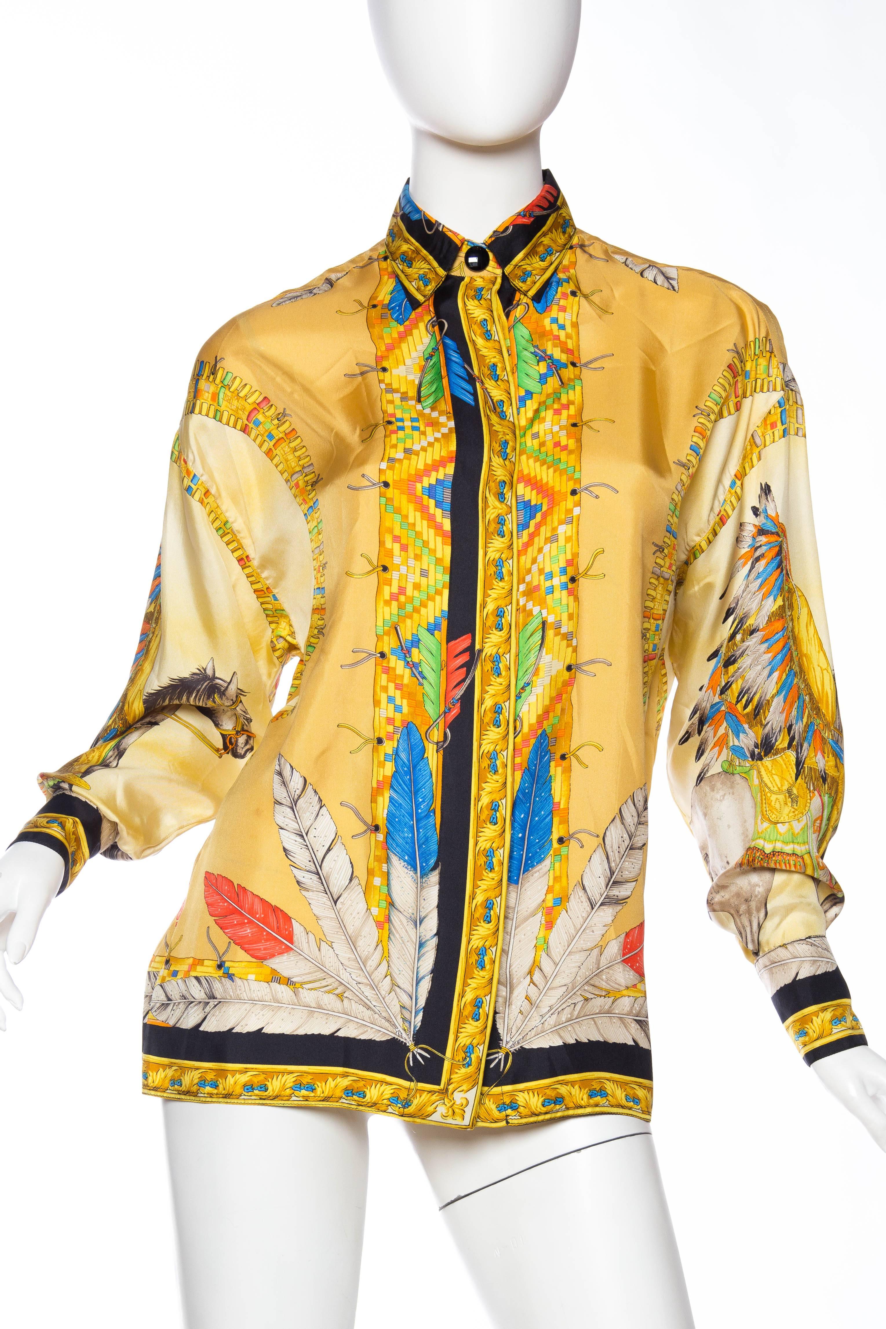 Hand printed silk from Atelier Versace in an innumerable array colours create this iconic blouse from Versace's western collection. 