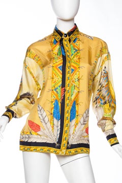 1990s Gianni Versace Native American Western Printed Silk Blouse