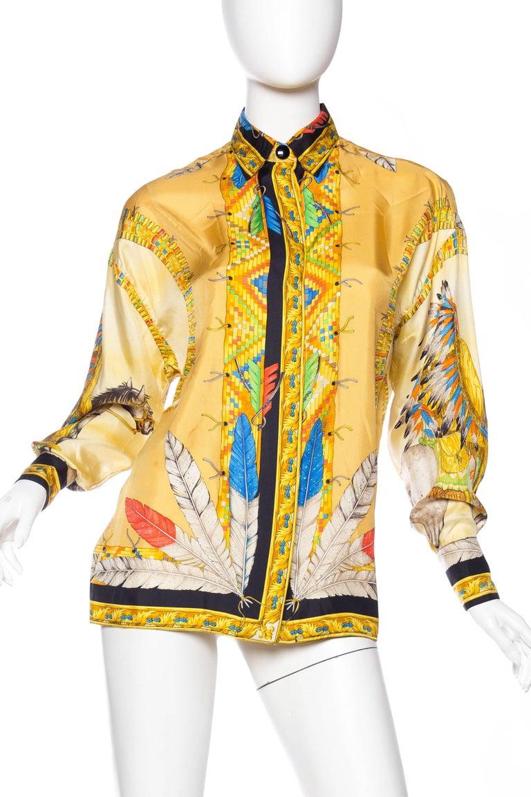 1990s Gianni Versace Native American Western Printed Silk Blouse at ...