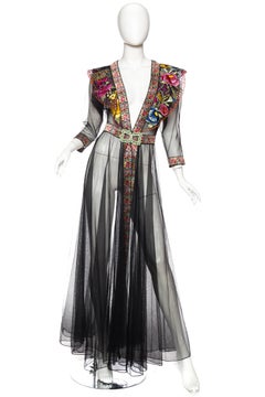 Sheer Net Duster Jacket Dress with Floral Hand Embroidery
