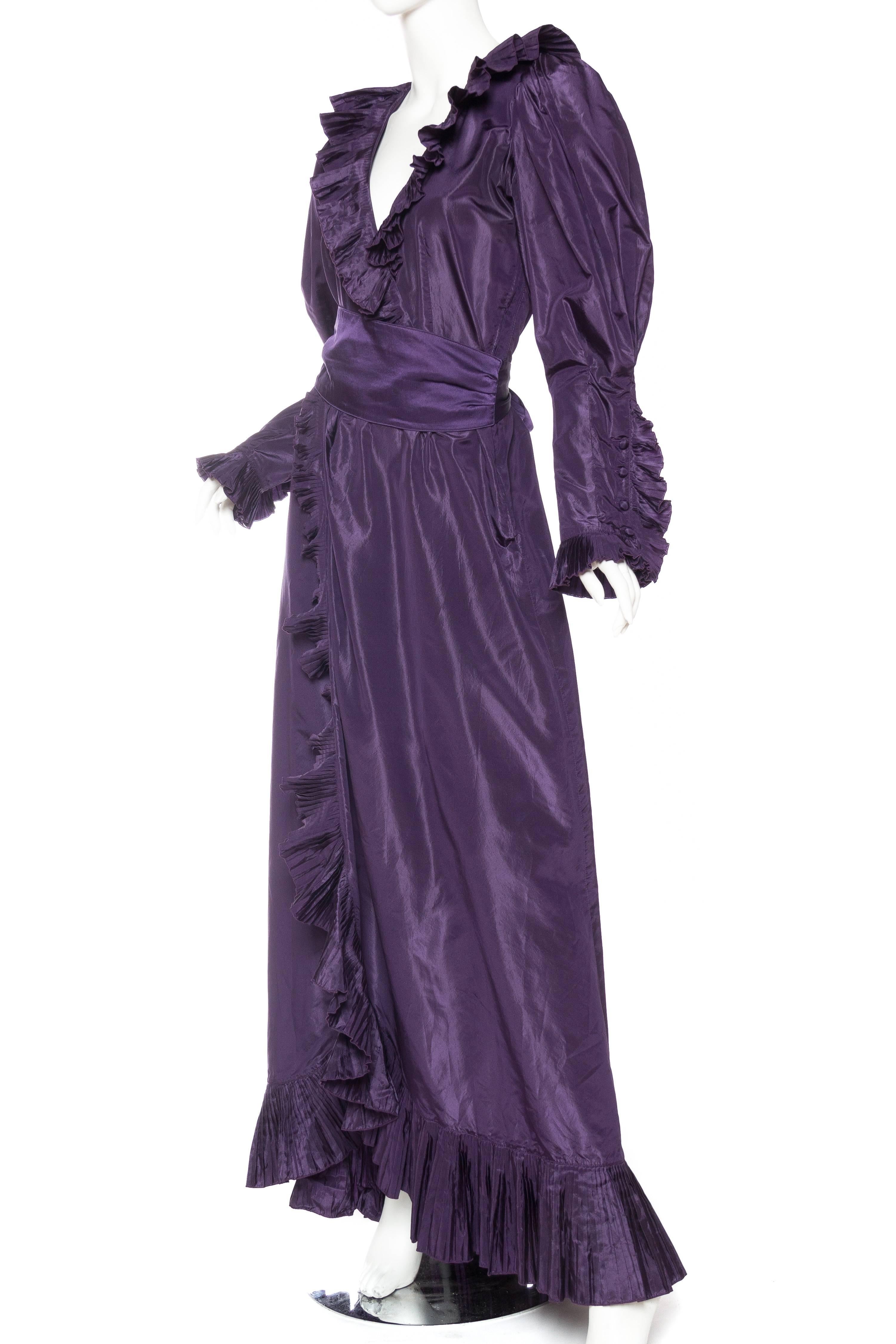 Black Ruffled Silk Taffeta Duster Coat Wrap Dress, 1970s 
