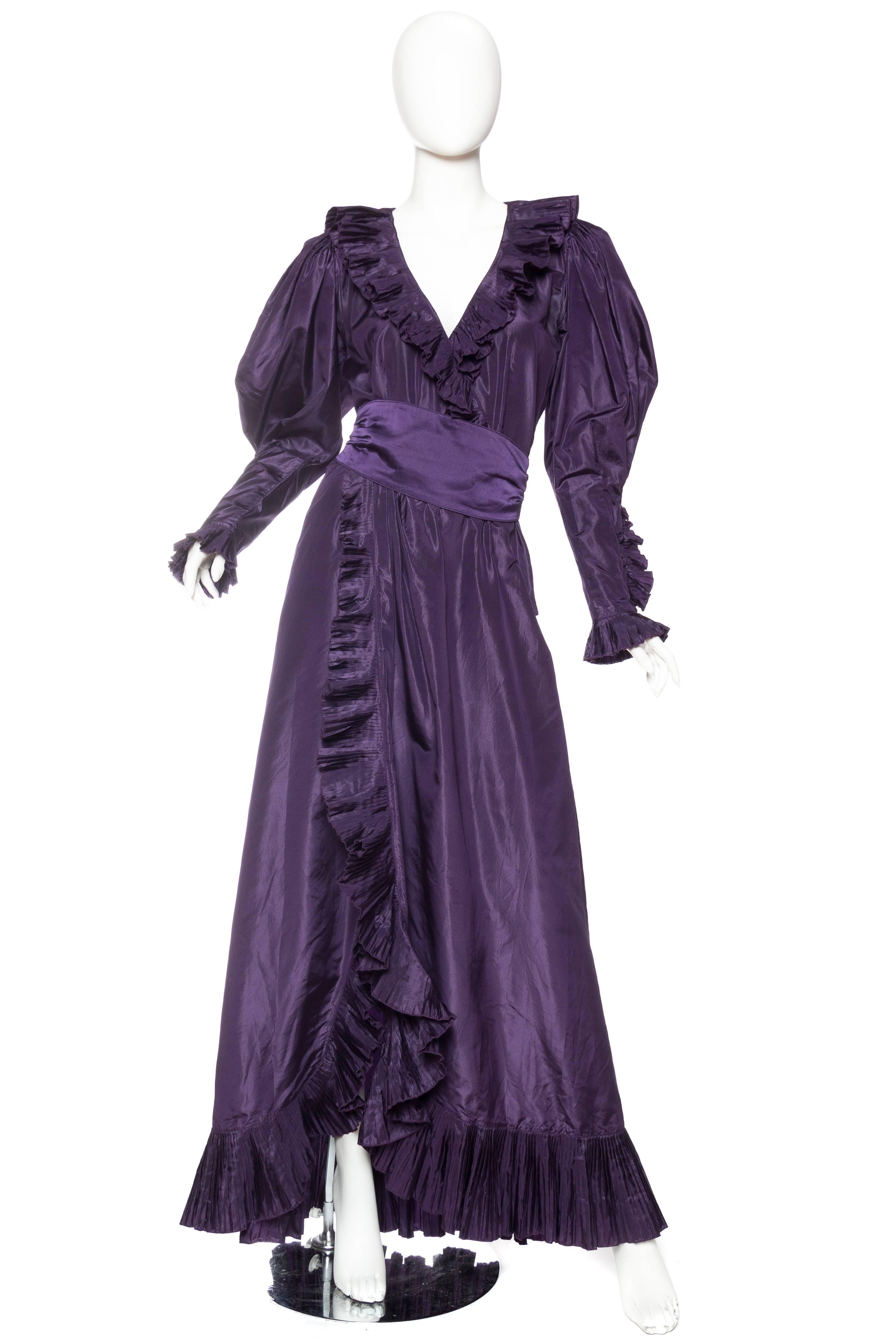 1970s Ruffled Silk Taffeta Duster Coat Wrap Dress