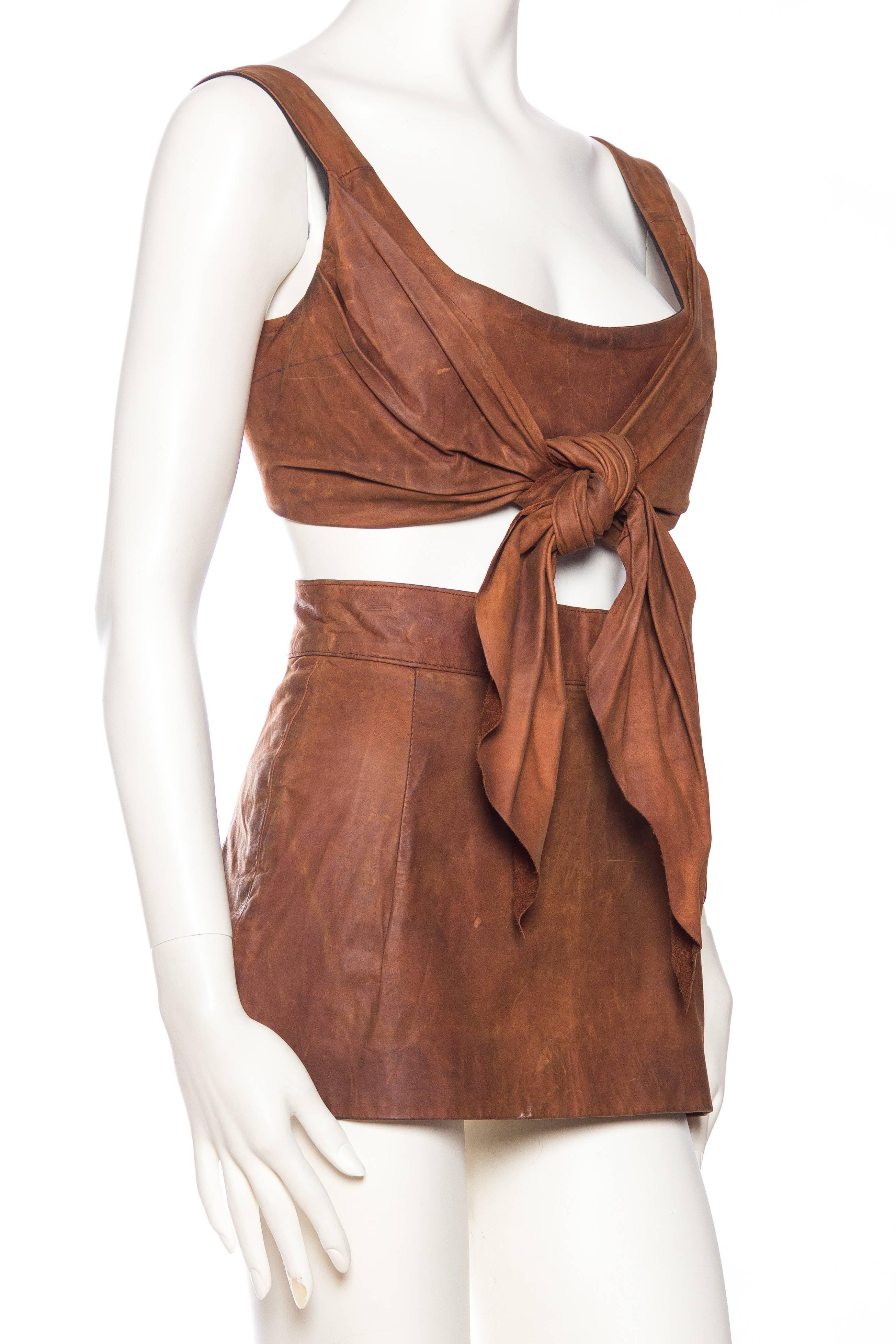 Brown Vivienne Westwood Leather Corset Top and Skirt, 1990s 