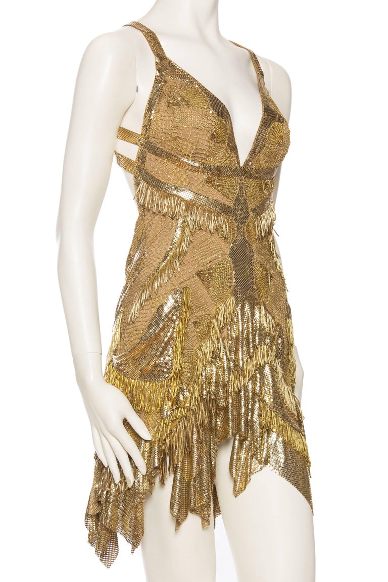 MORPHEW ATELIER Gold Lace and Metal Mesh Fringed Cocktail Dress For