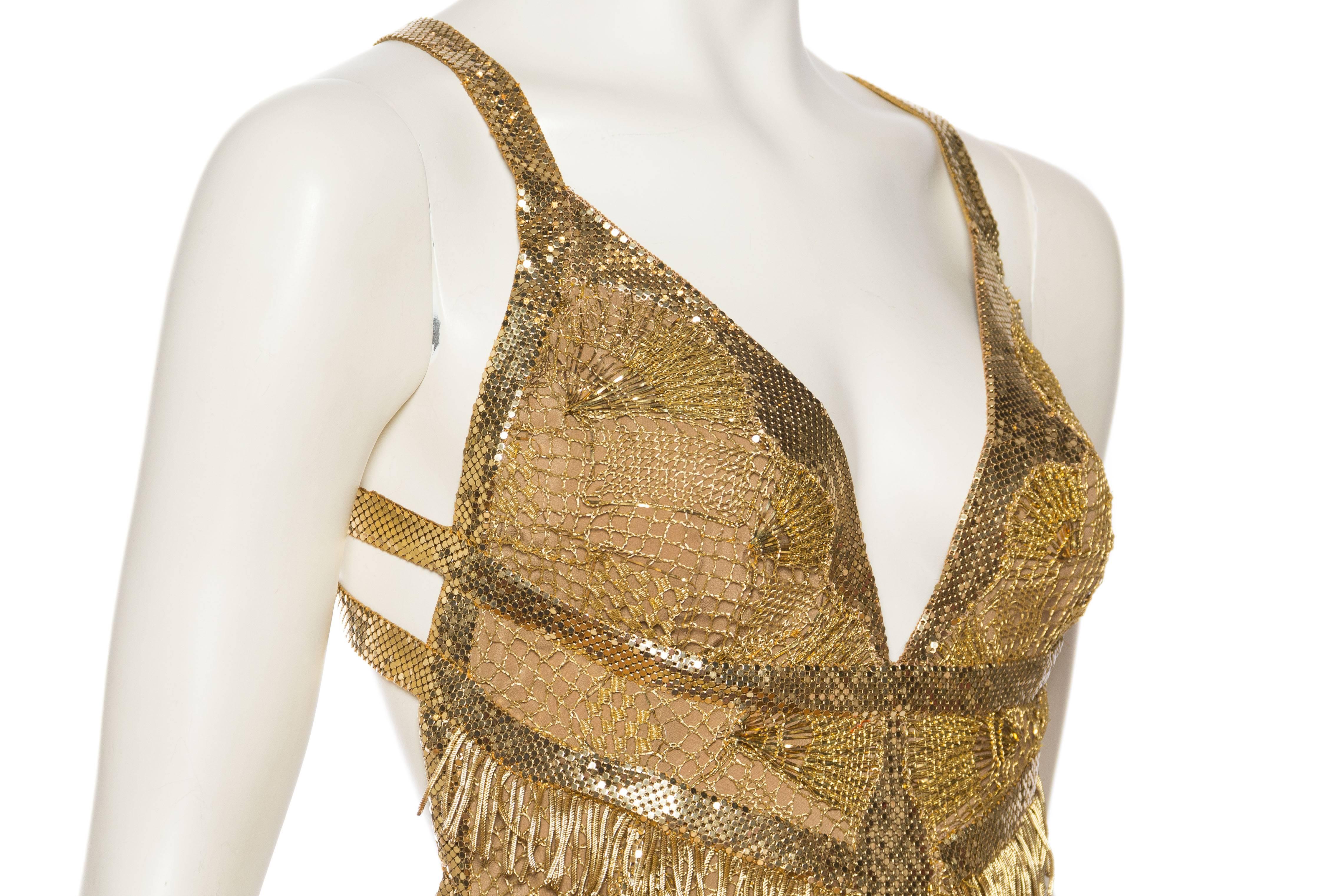 MORPHEW ATELIER Gold Lace & Metal Mesh Fringed Cocktail Dress In Excellent Condition For Sale In New York, NY