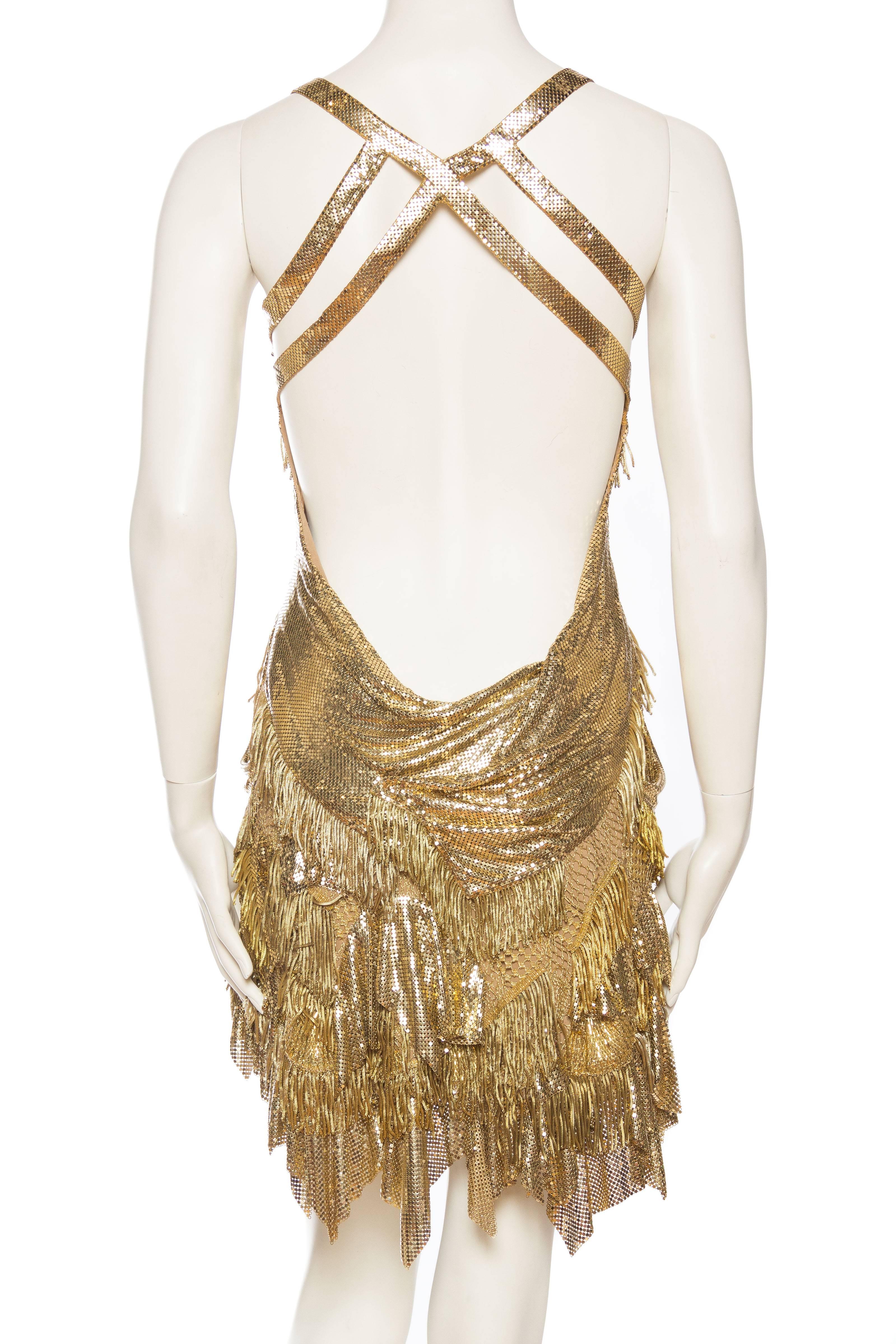 Brown MORPHEW ATELIER Gold Lace & Metal Mesh Fringed Cocktail Dress For Sale