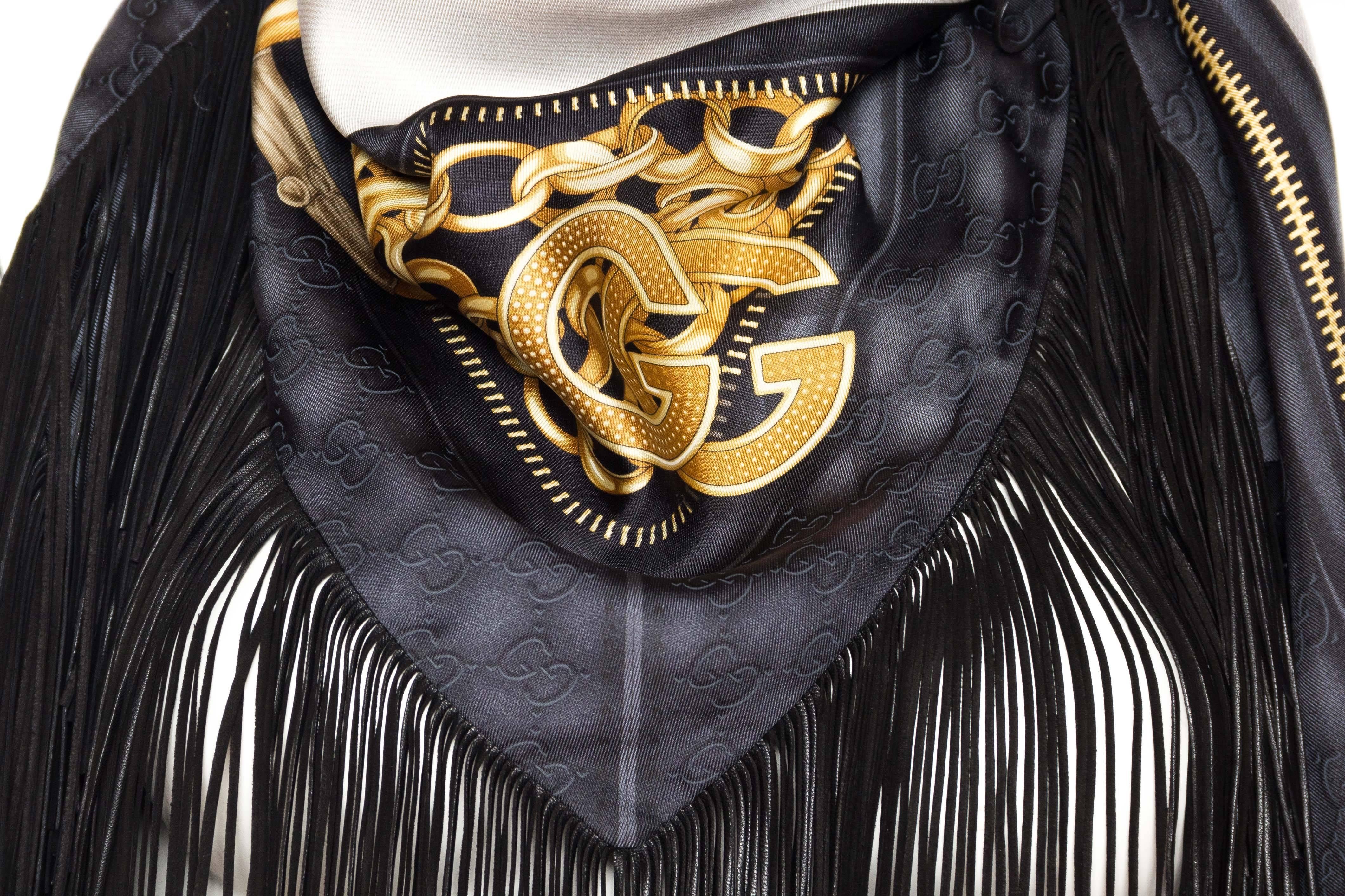 Black 1990S TOM FORD GUCCI Silk, Leather GG Fringed Gold Status Print Scarf
