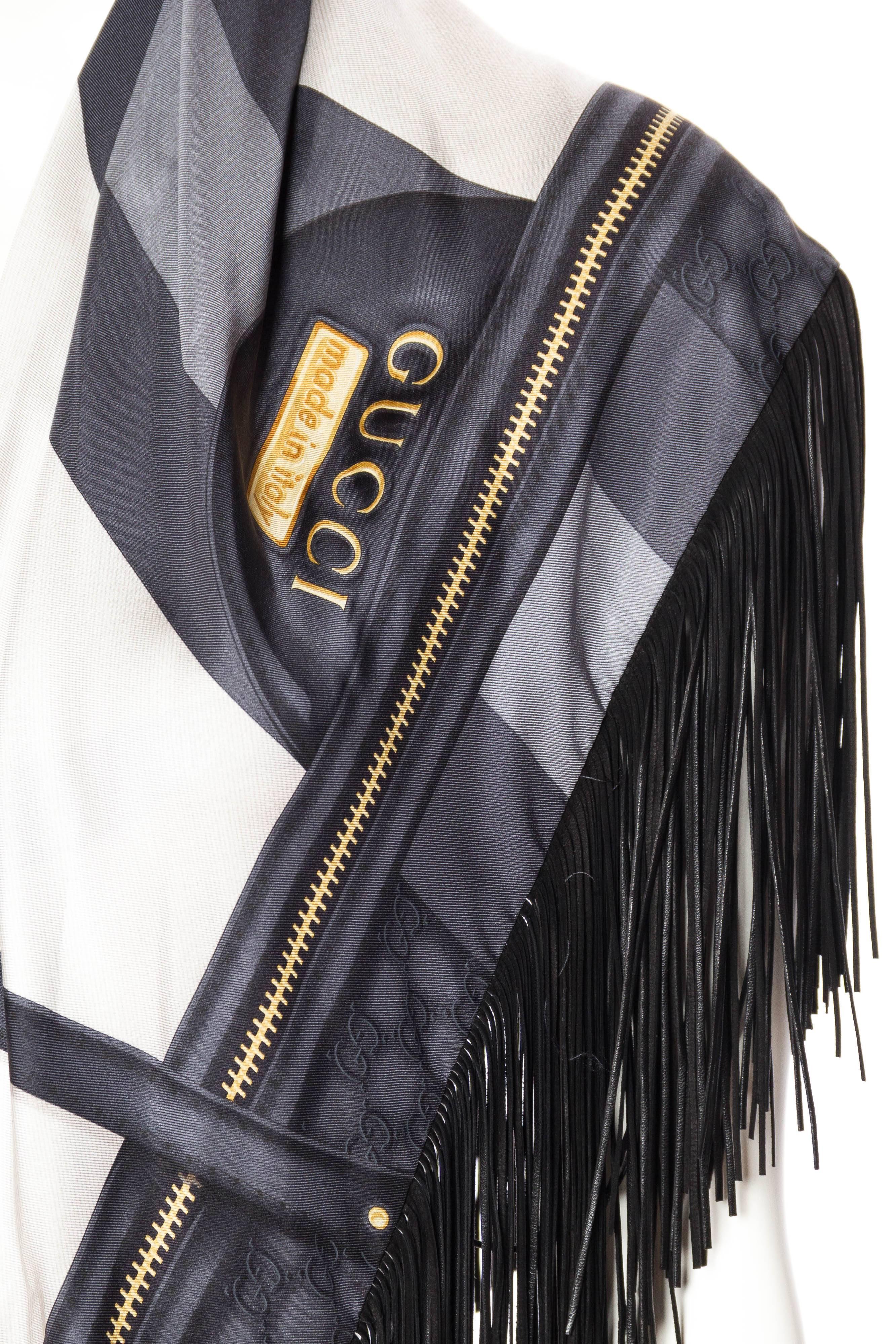 1990S TOM FORD GUCCI Silk, Leather GG Fringed Gold Status Print Scarf 4