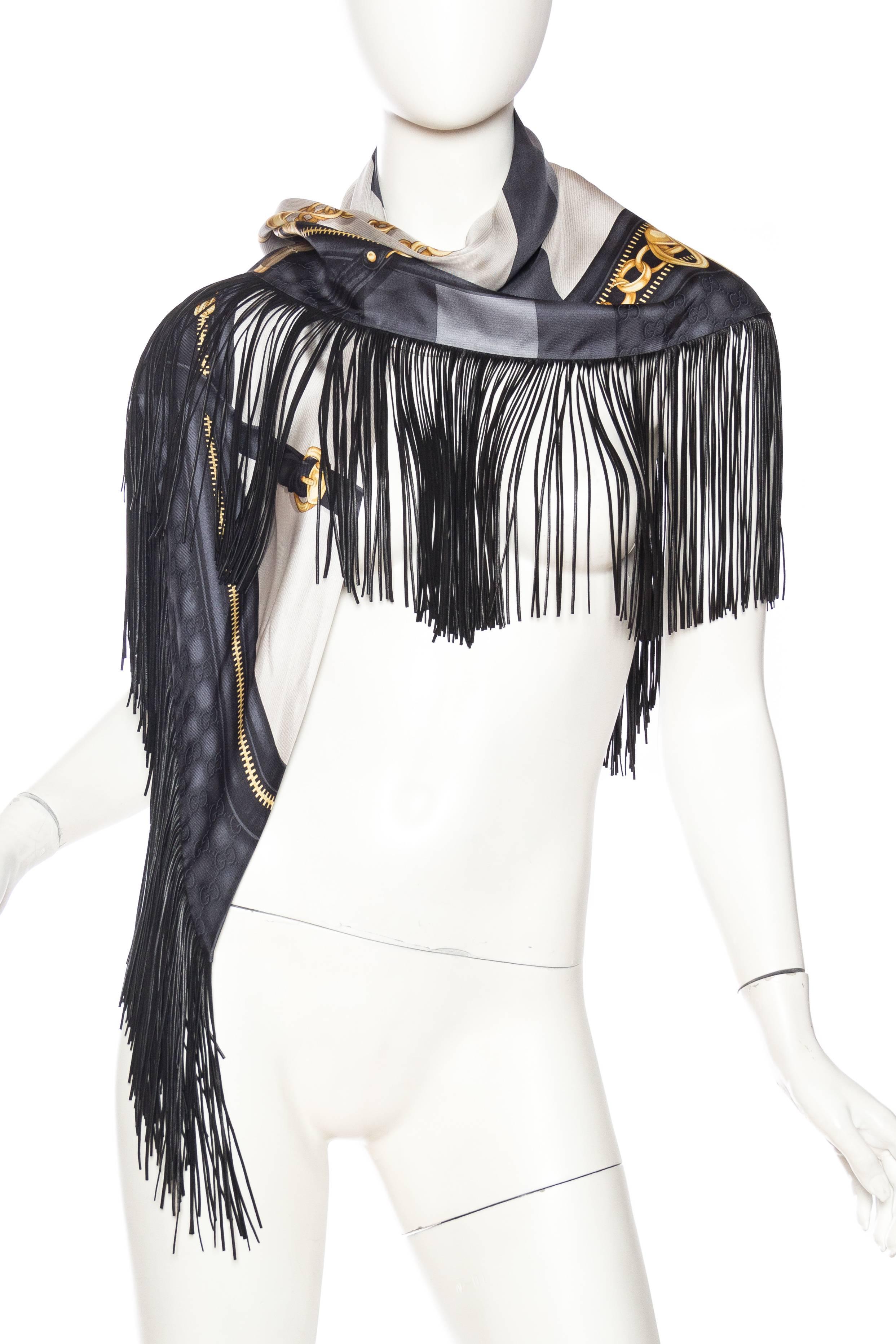 1990S TOM FORD GUCCI Silk, Leather GG Fringed Gold Status Print Scarf In Excellent Condition In New York, NY