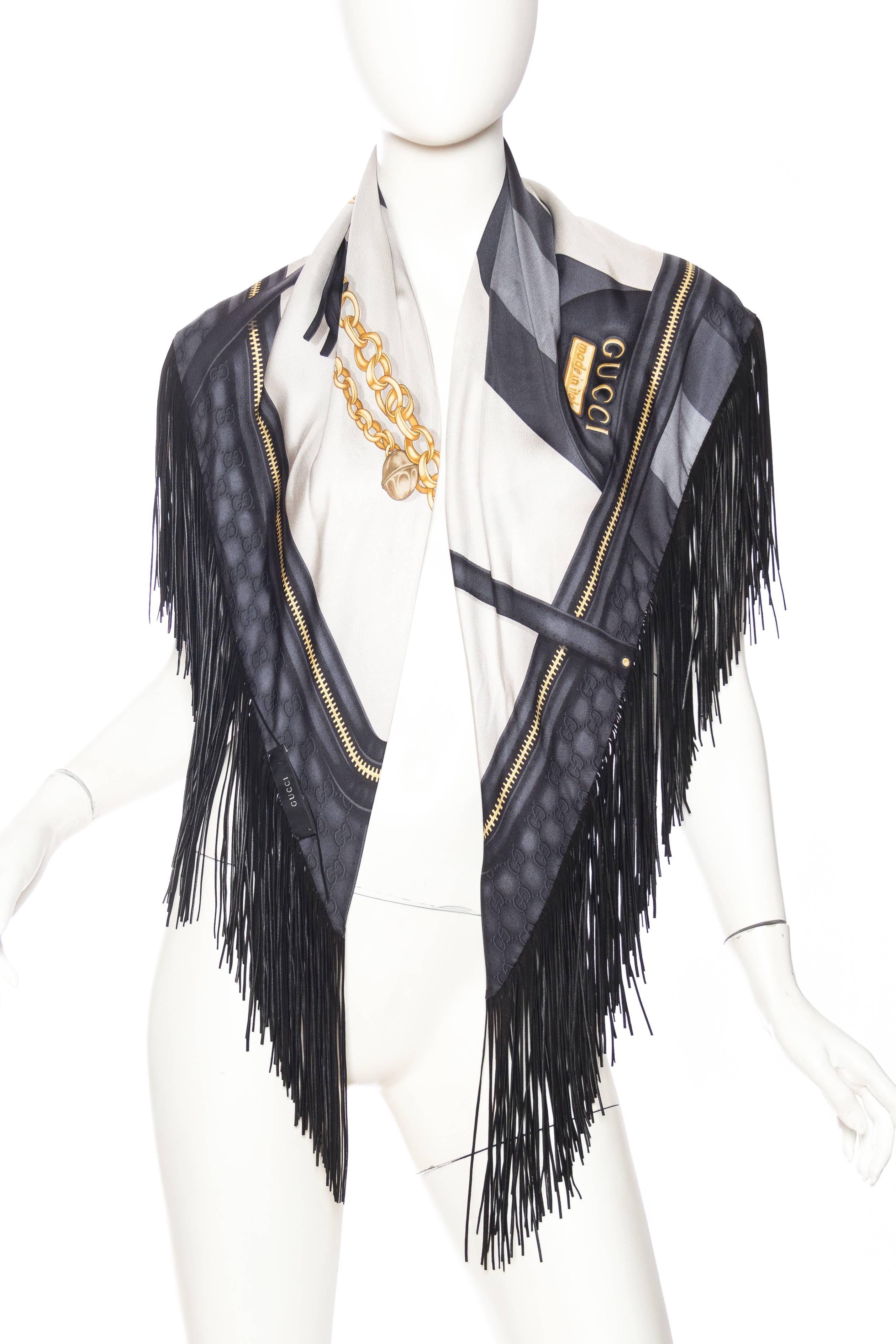 Women's 1990S TOM FORD GUCCI Silk, Leather GG Fringed Gold Status Print Scarf