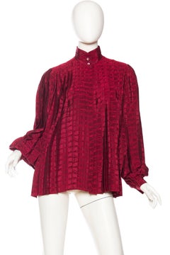 1970S GUCCI Cranberry Red Silk Jaquard Pleated Blouse