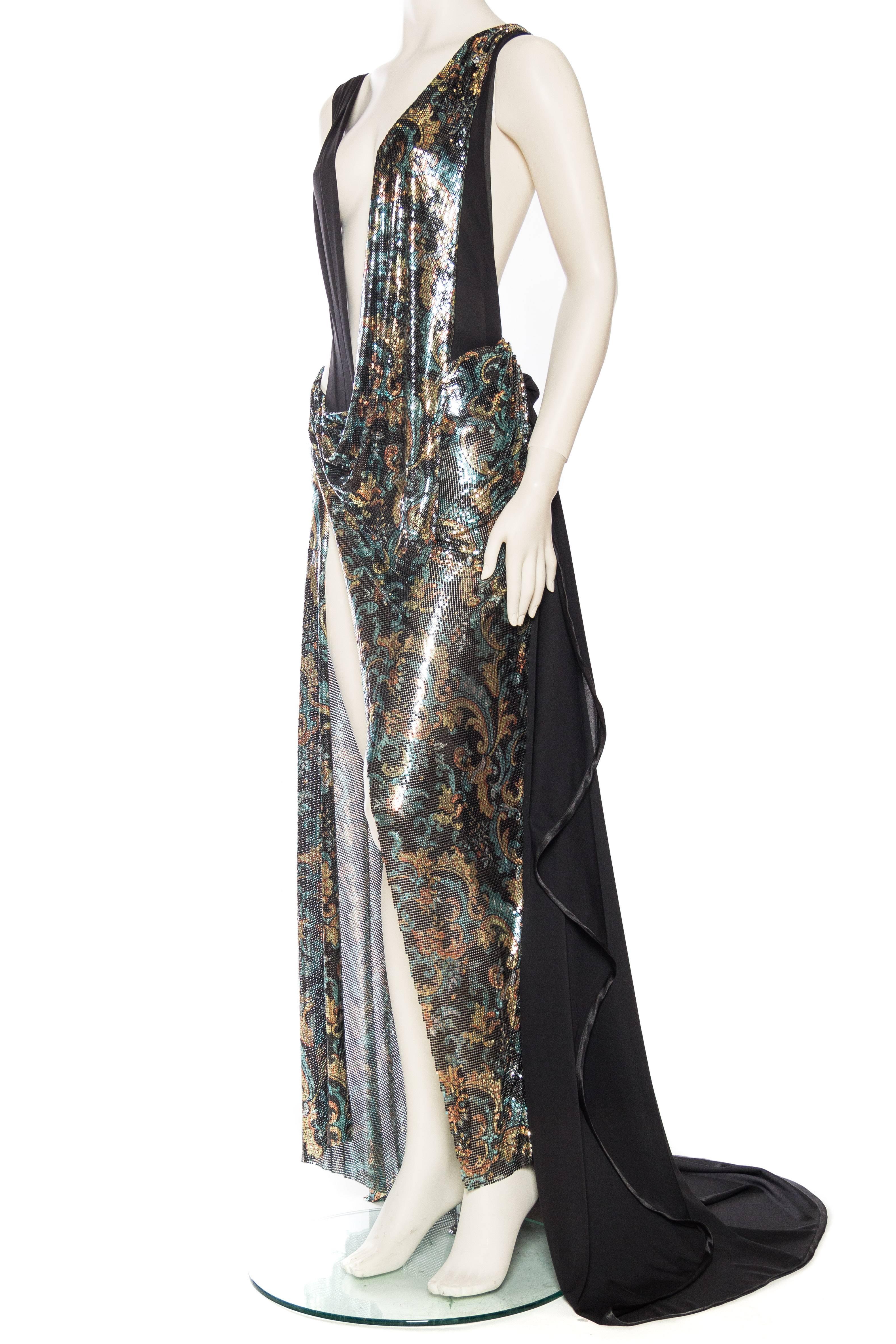Gray MORPHEW COLLECTION Black Poly Blend Jersey & Metal Mesh Draped Backless Gown Wi For Sale