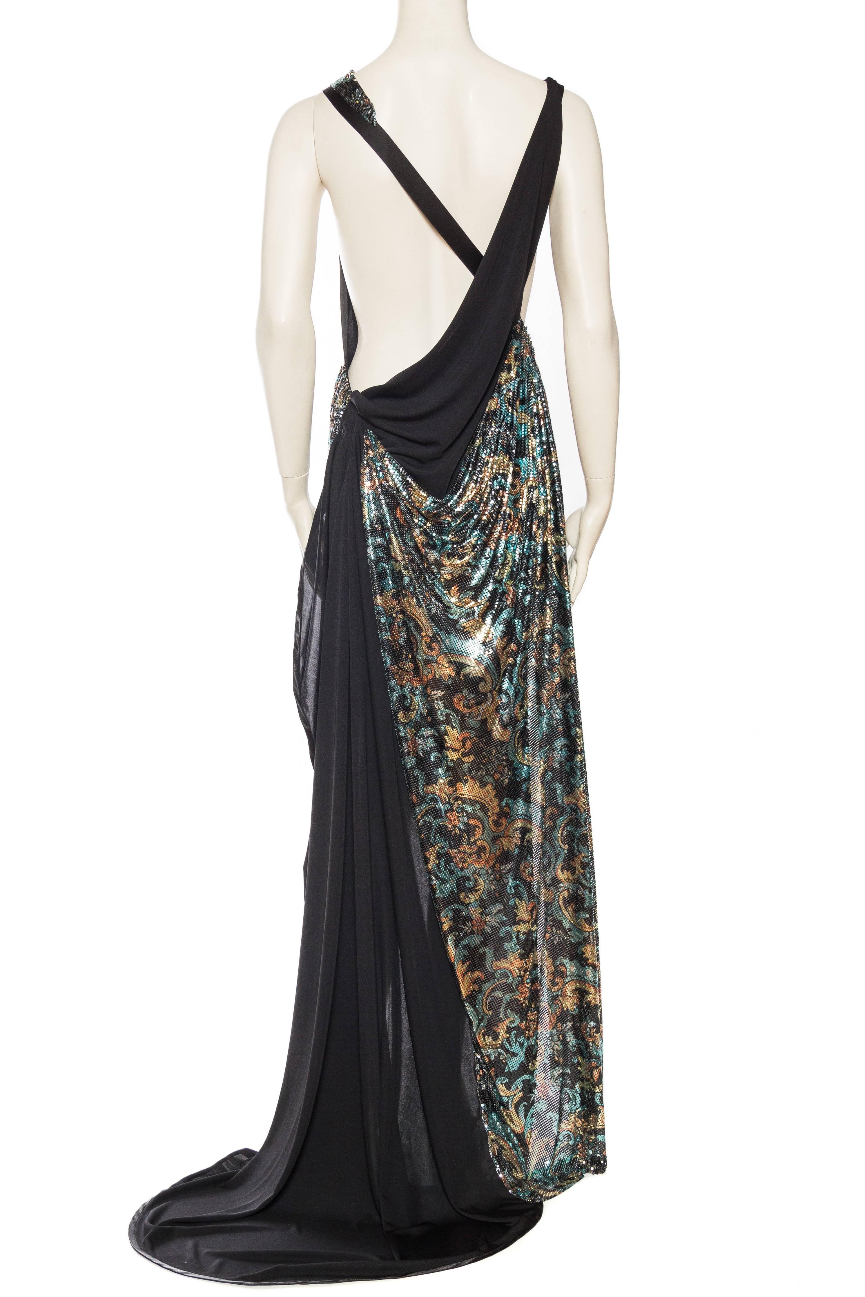 Women's MORPHEW COLLECTION Black Poly Blend Jersey & Metal Mesh Draped Backless Gown Wi For Sale