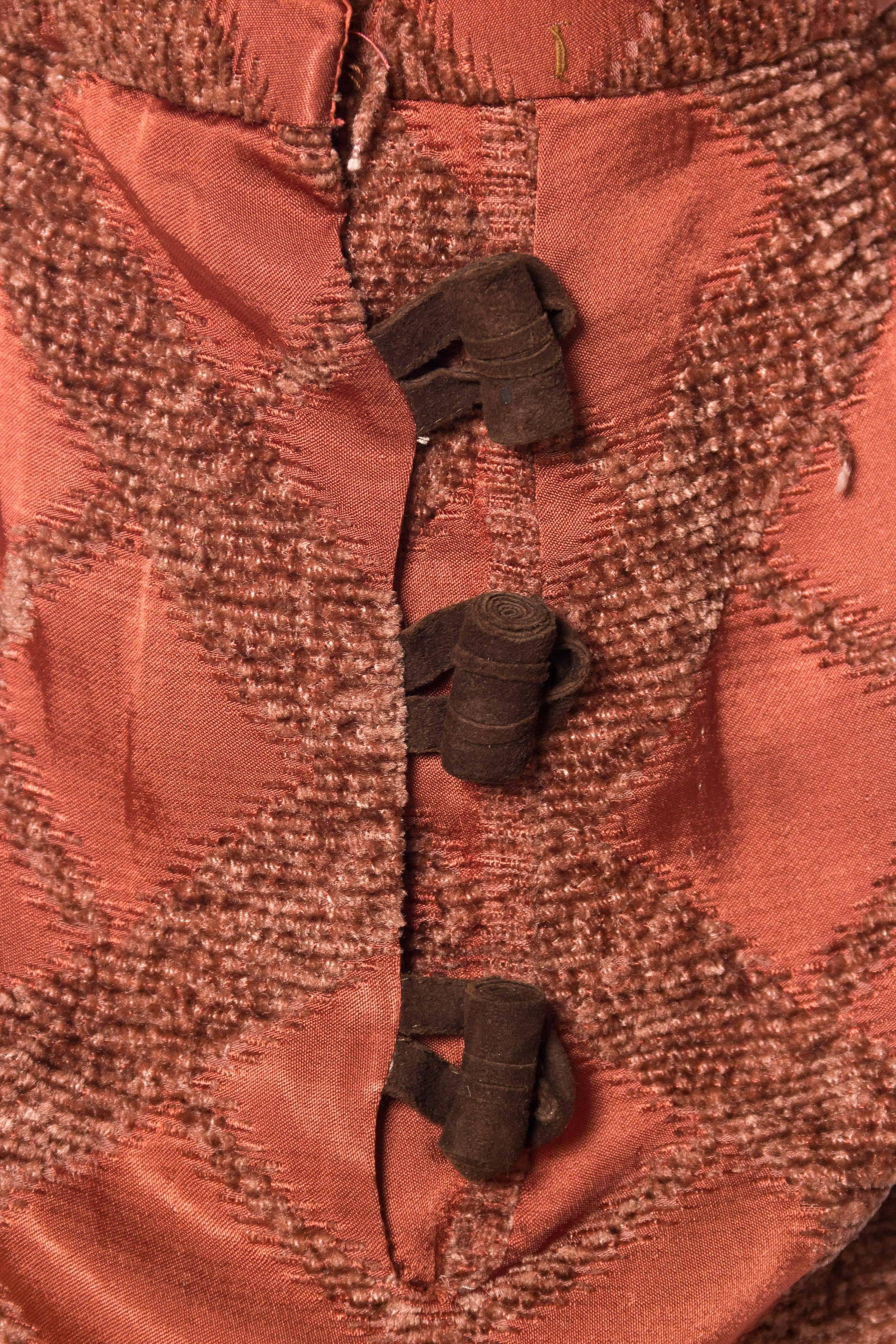 1930S Russet Brown Rayon Blend Satin & Chenille Harem Pants With Leather Toggles 3