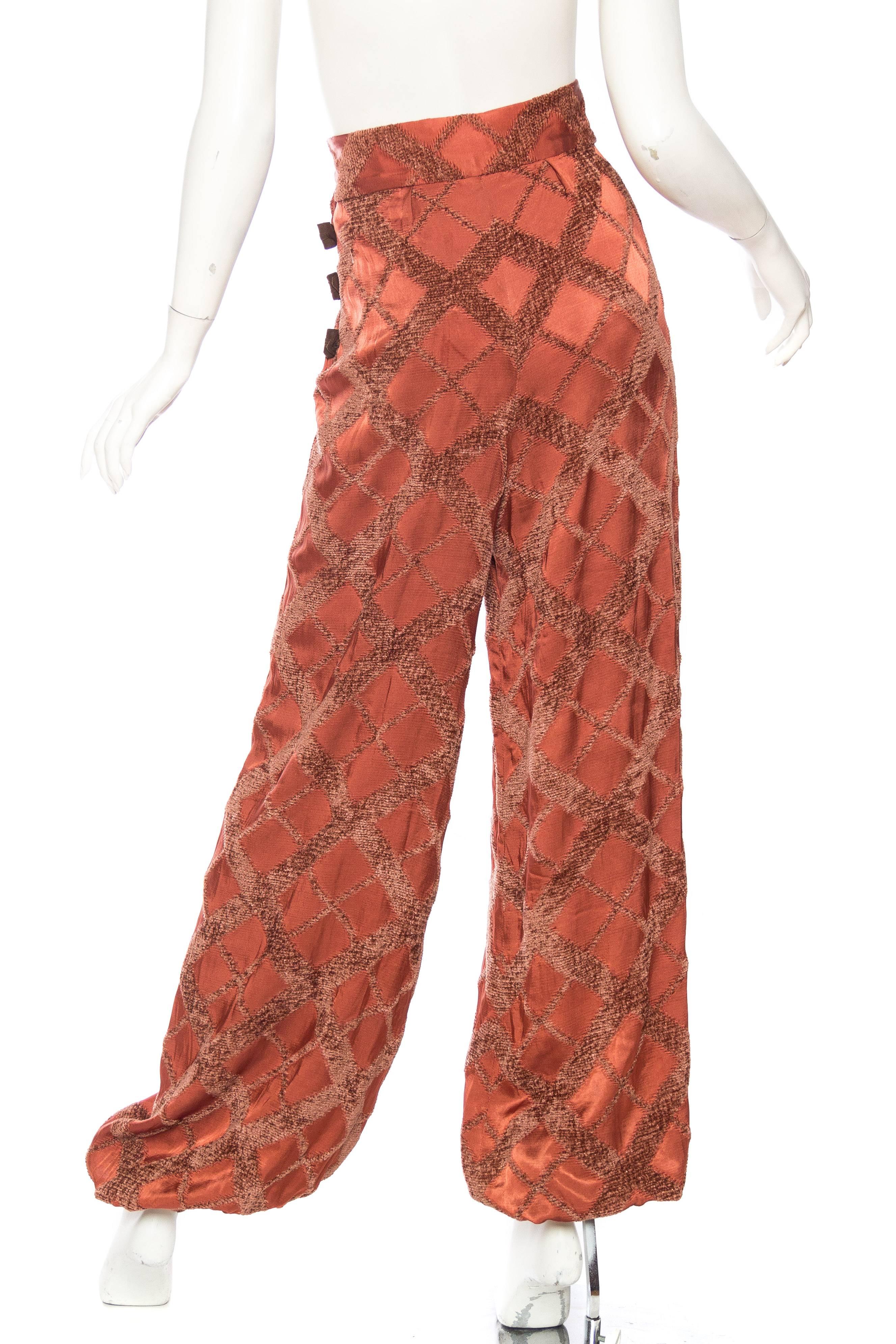 Women's 1930S Russet Brown Rayon Blend Satin & Chenille Harem Pants With Leather Toggles