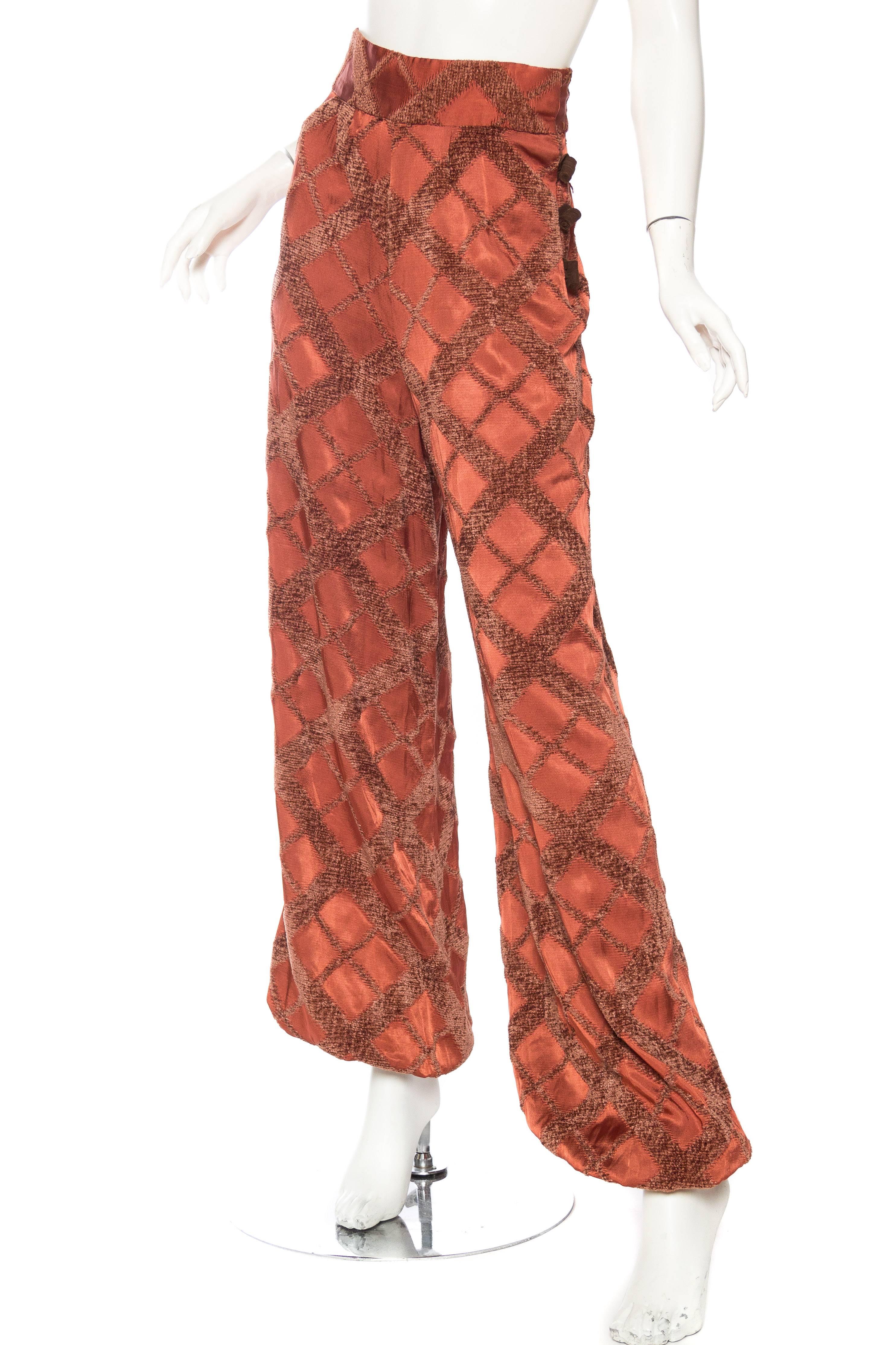1930S Russet Brown Rayon Blend Satin & Chenille Harem Pants With Leather Toggles In Excellent Condition In New York, NY